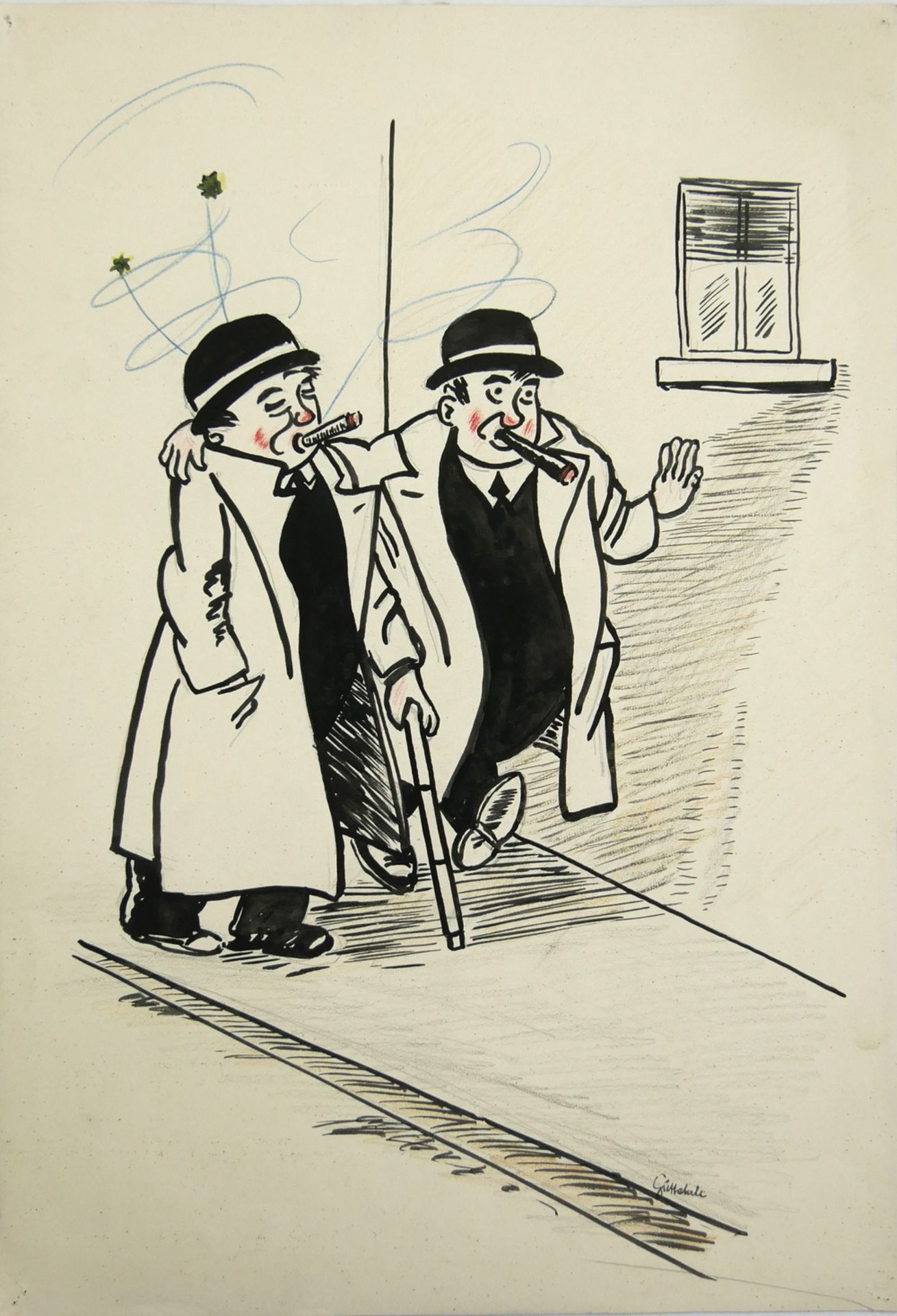 Zeichnung/Karikatur "Spaziergang" rechts unten Signatur Guthehrle. Blattmaße: Höhe ca. 57 cm, Breite