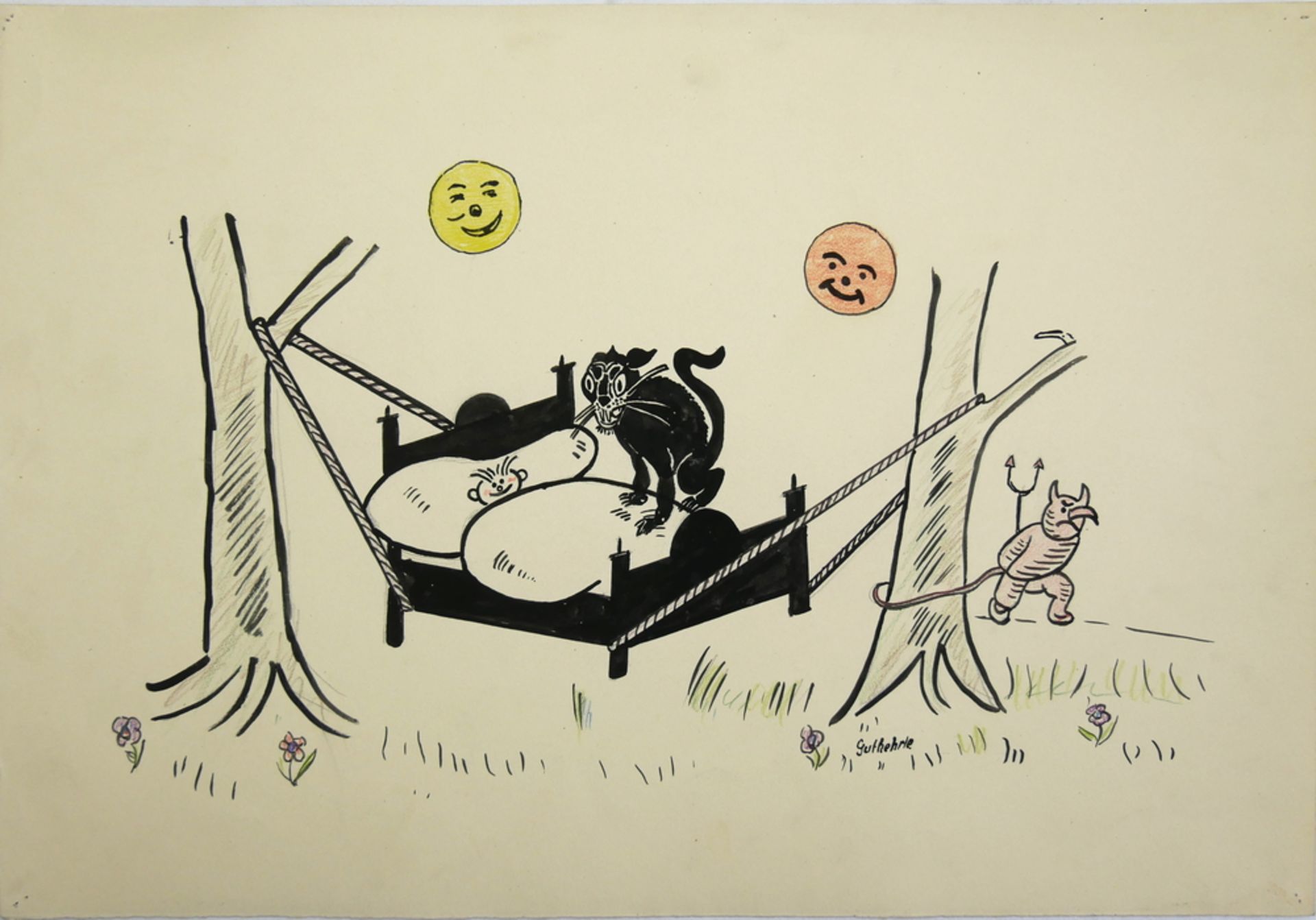 Zeichnung / Karikatur "Kind / Schwarze Katze / Teufel" rechts unten Signatur Guthehrle. Blattmaße: