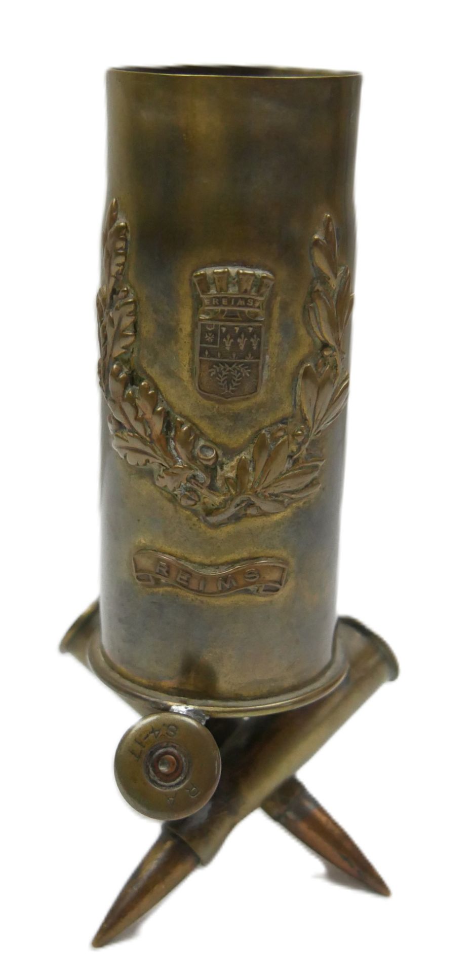 "Reims" Geschosshülsen / Patronenhülsen Vase, wohl 1. Weltkrieg. Höhe ca. 13,5 cm