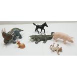 Lot Schleichtiere, insgesamt 6 Stück, dabei Schwein, Krokodil, etc.