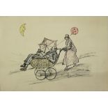 Zeichnung / Karikatur "Mann in Kinderwagen" rechts unten N.A. Roeseler und Signatur Guthehrle.
