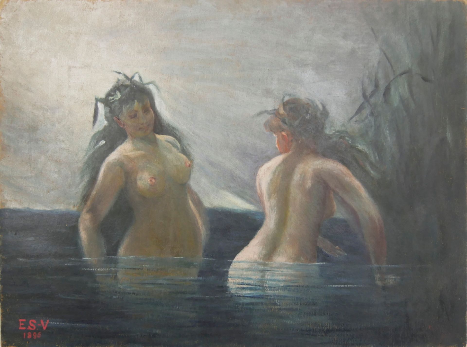 Gemälde "2 Nackte im Meer" links unten ES-V 1896. Maße: Höhe ca. 25,5 cm, Breite ca. 34,5 cm
