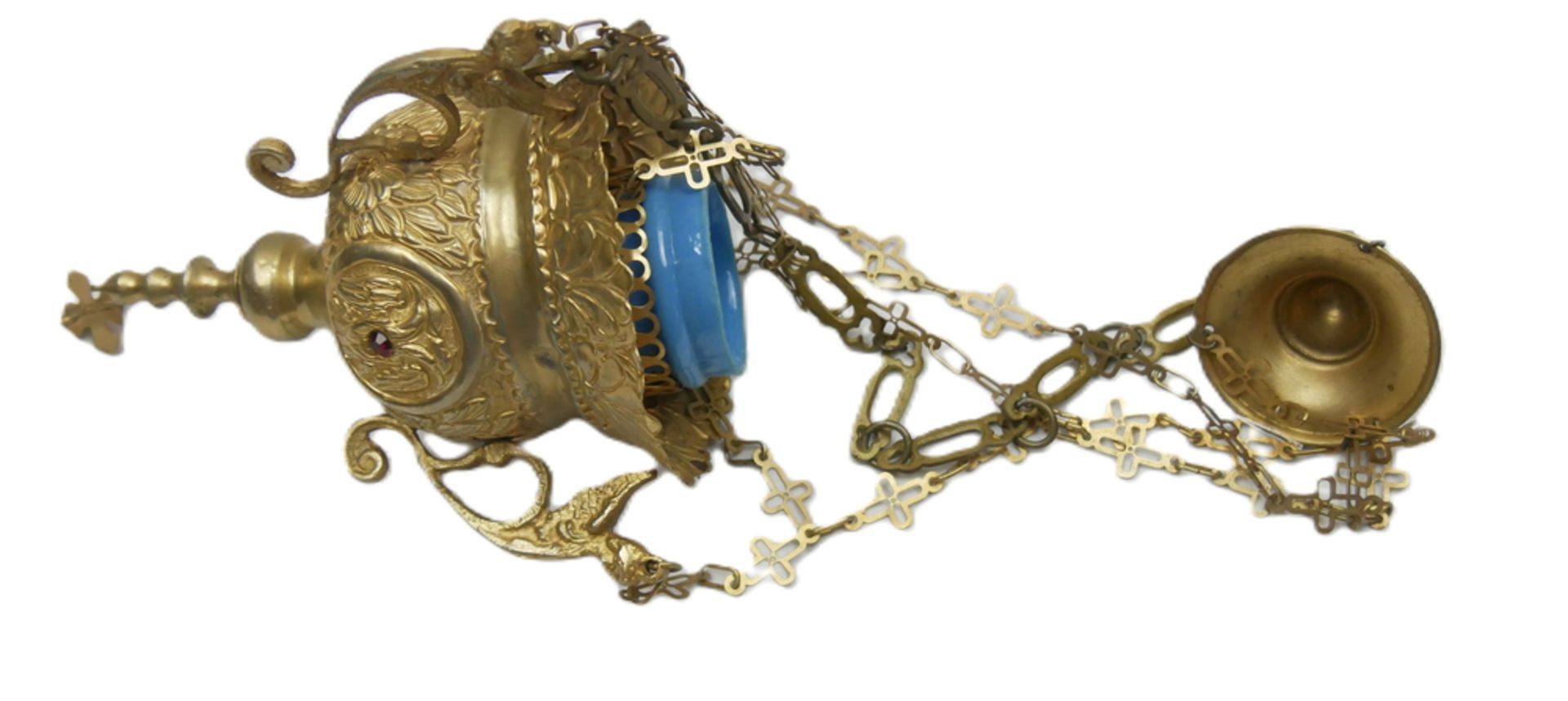 Weihrauch Ampel, Messing Gold poliert, Höhe ca. 18 cm mit blauem Glas und Kette. Verziert mit Engel,