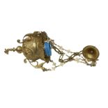 Weihrauch Ampel, Messing Gold poliert, Höhe ca. 18 cm mit blauem Glas und Kette. Verziert mit Engel,