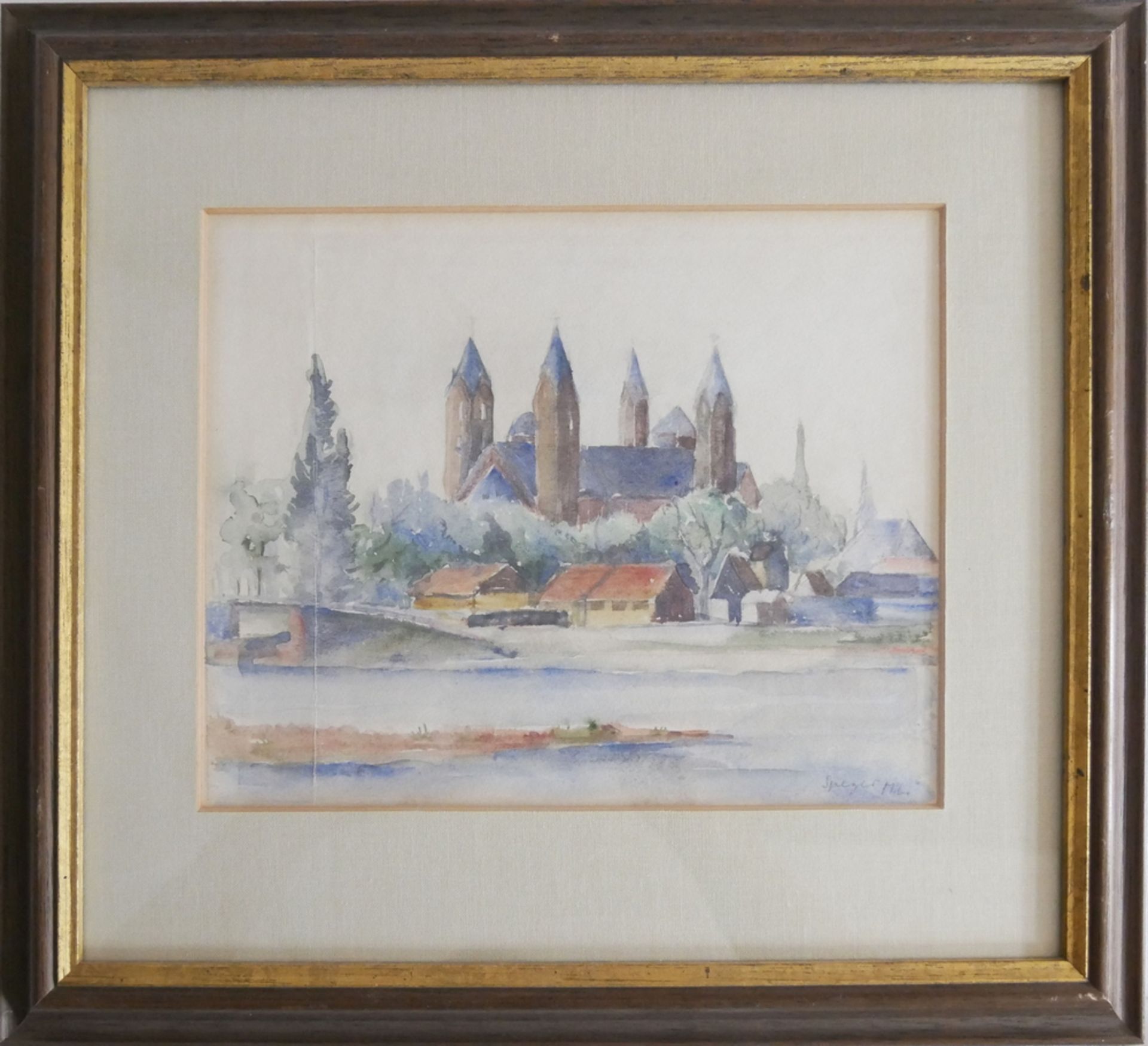 Aquarell "Speyer", von Margot Stempel-Lebert (1922-2009), hinter Glas gerahmt, Maße: Breite ca. 36,2