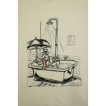 Zeichnung / Karikatur "Mann in Badewanne" rechts unten Signatur Guthehrle. Blattmaße: Höhe ca. 57