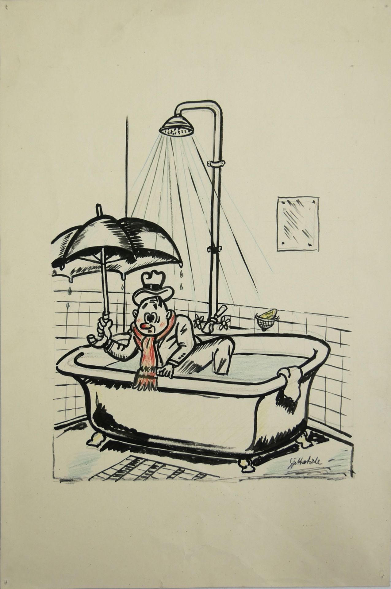 Zeichnung / Karikatur "Mann in Badewanne" rechts unten Signatur Guthehrle. Blattmaße: Höhe ca. 57