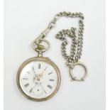 800er Silber Taschenuhr mit Kette, Funktion geprüft, Sekundenzeiger fehlt.