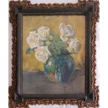 Unbekannter Künstler. Aquarell "Weiße Rosen" hinter Glas gerahmt. Gesamtmaße: Höhe ca. 40 cm, Breite