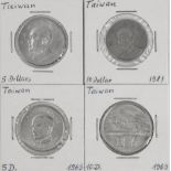 Taiwan 1965/81,Lot Münzen, bestehend aus: 5 Dollar, 1965 5 + 10 New Dollar und 1981 10 New Dollar.