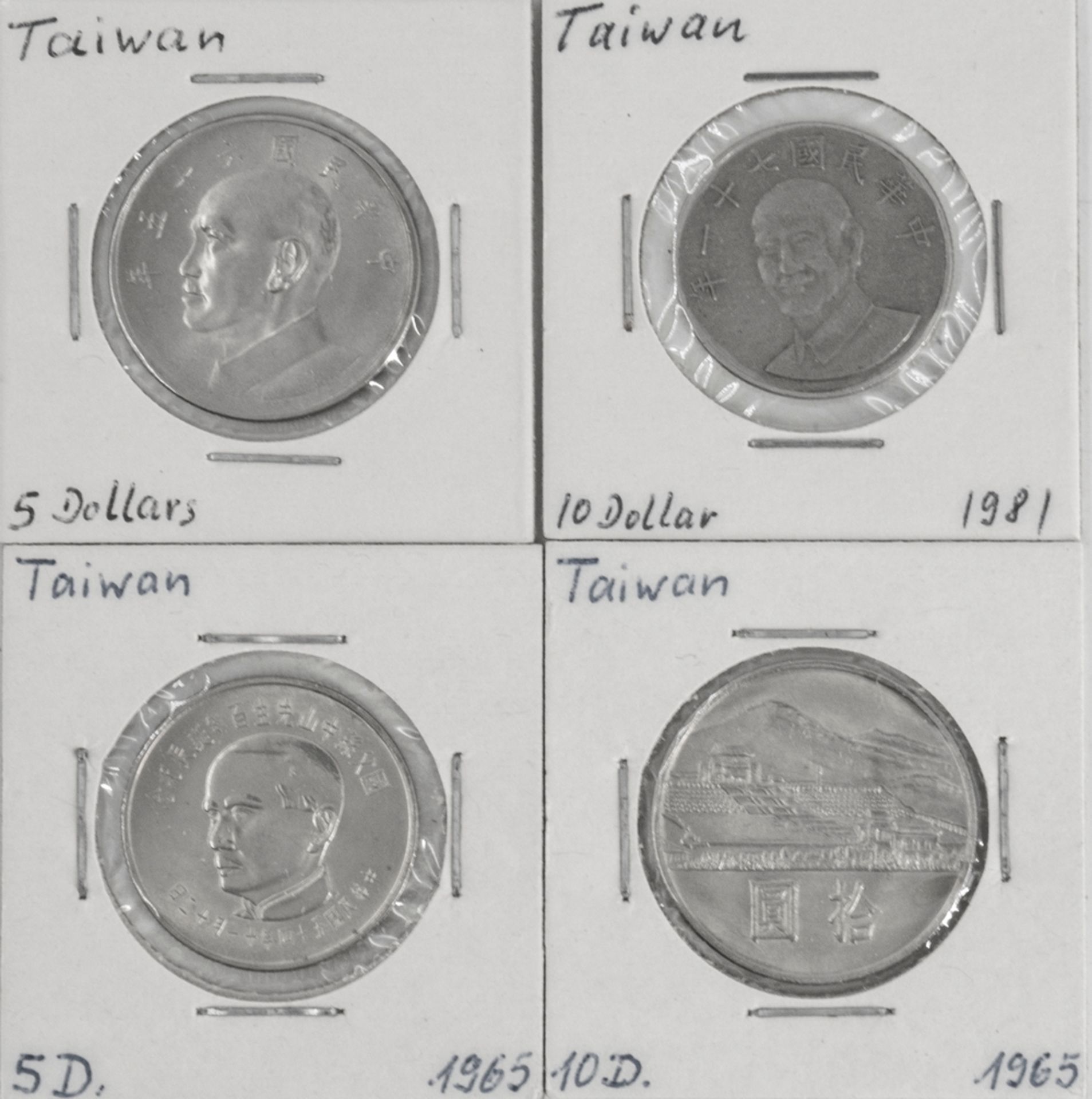 Taiwan 1965/81,Lot Münzen, bestehend aus: 5 Dollar, 1965 5 + 10 New Dollar und 1981 10 New Dollar.