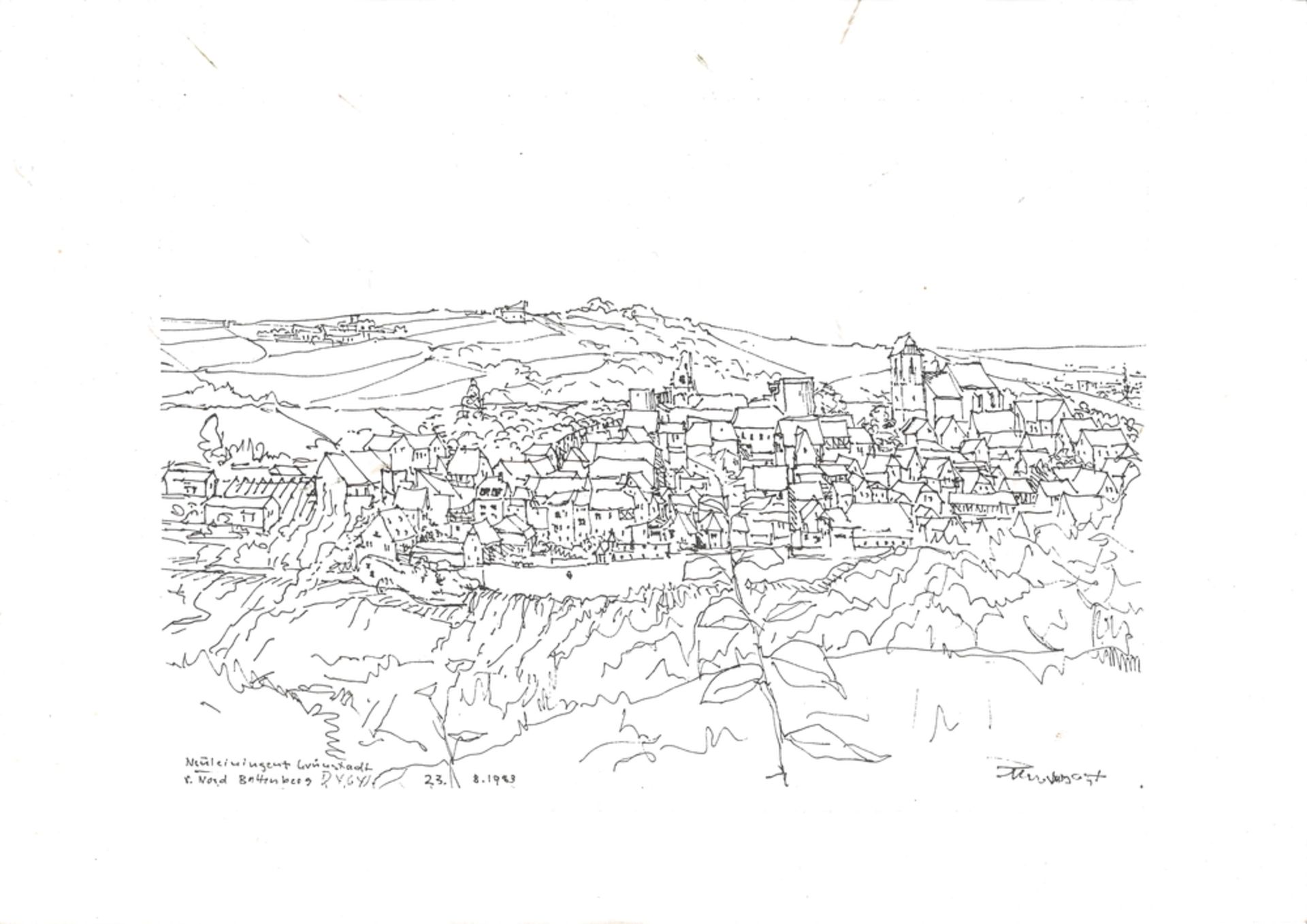 Druckgrafik "Neuleiningen und Grünstadt" 23.08.1983, Signatur unten rechts (Unverzagt), mit