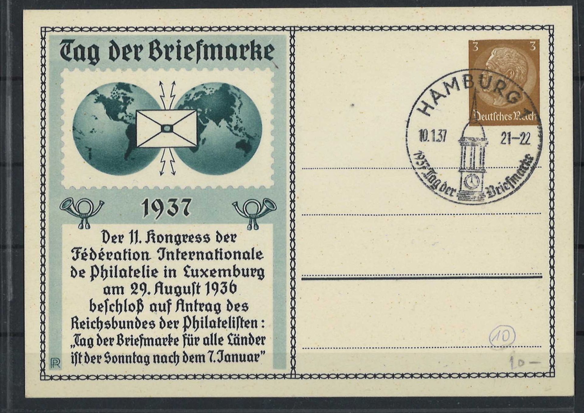 Tag der Briefmarke 1937 "Tag der Briefmarke für alle Länder ist der Sonntag nach dem 7. Januar"