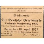 Eintrittskarte Briefmarkenausstellung Berlin 1937 "Die Deutsche Briefmarke Berlin 16.-18. April