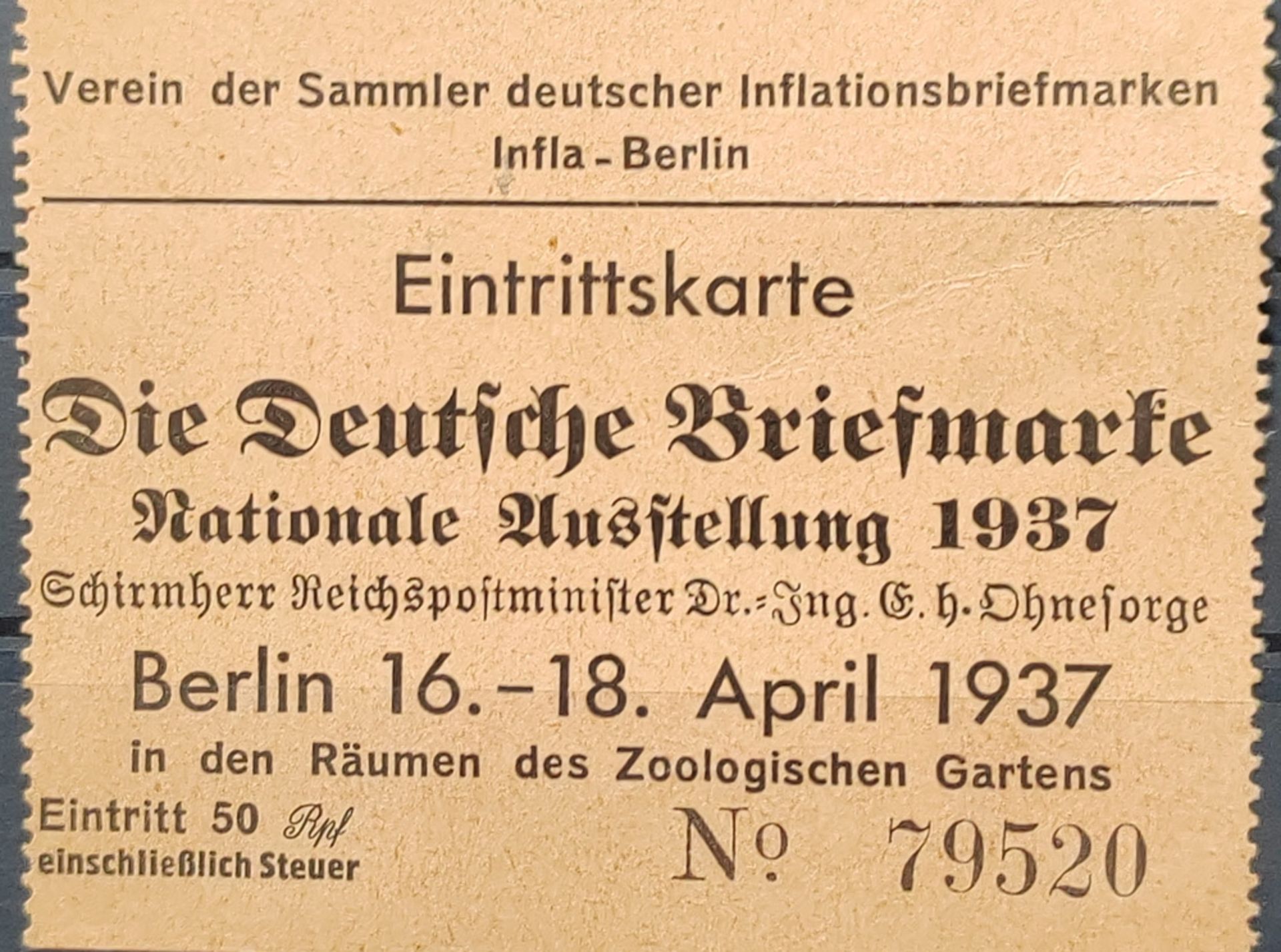 Eintrittskarte Briefmarkenausstellung Berlin 1937 "Die Deutsche Briefmarke Berlin 16.-18. April