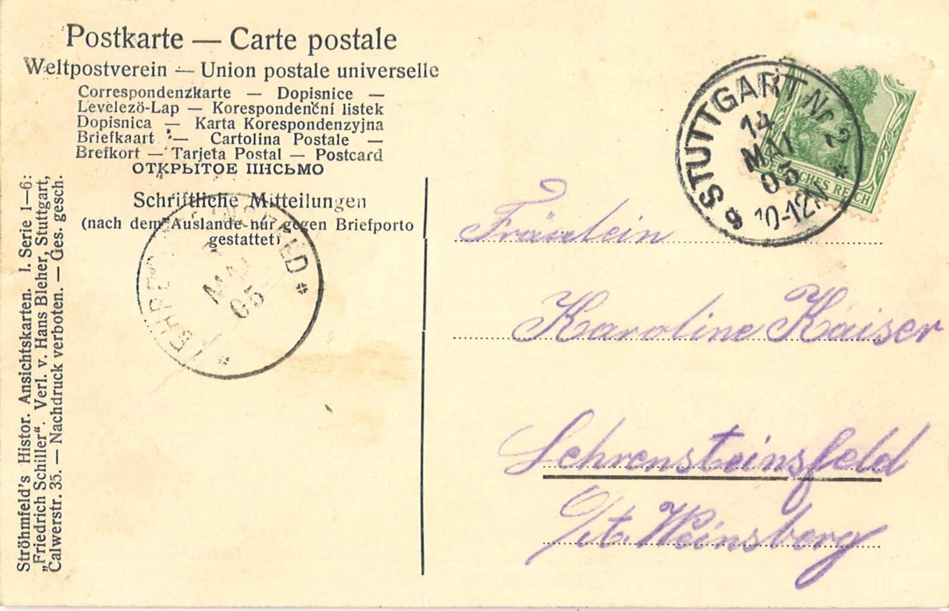 Postkarte - Weltpostverein "Zu Friedrich Schillers hundertstem Todesjahr", gelaufen - Bild 2 aus 2
