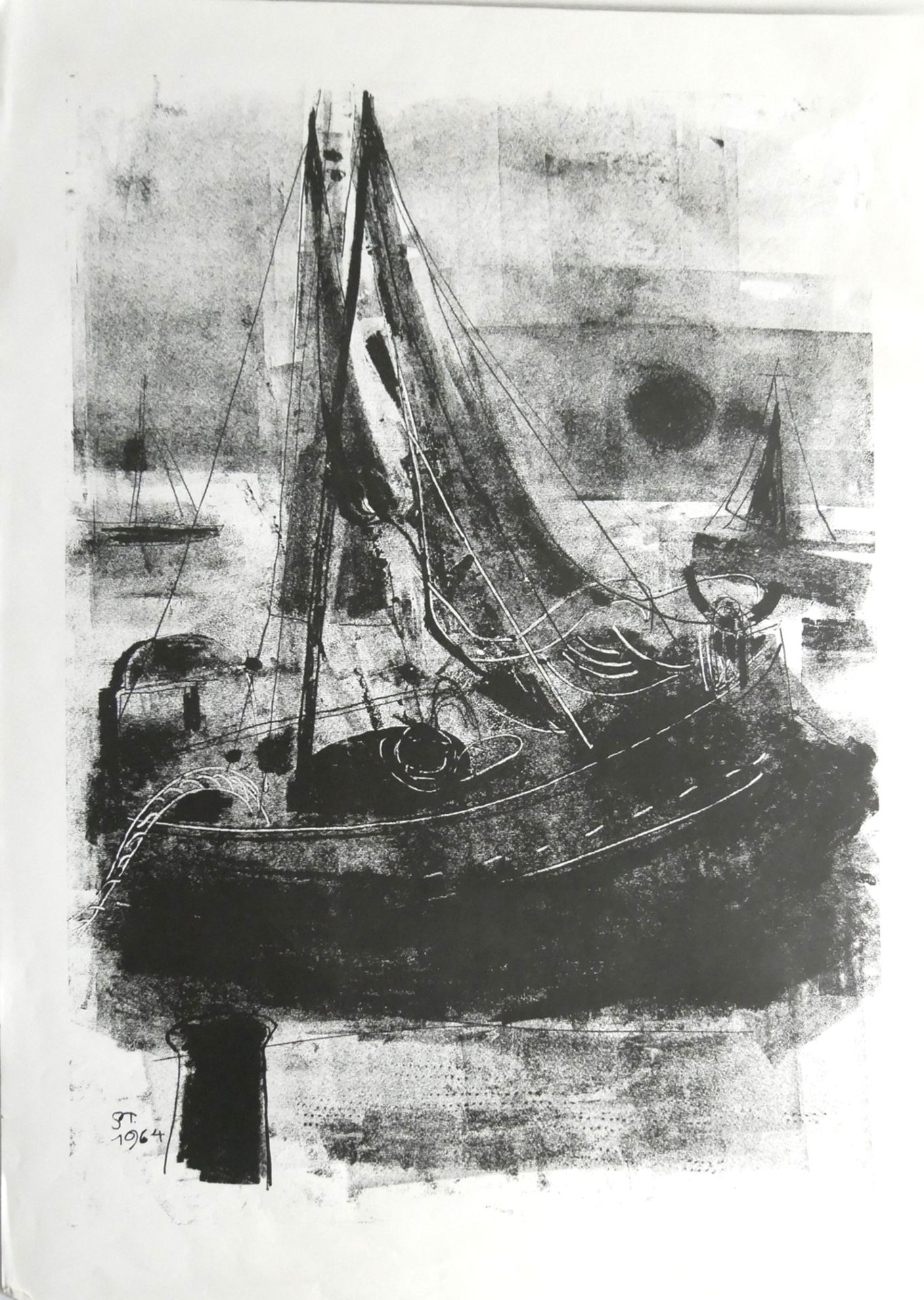 Lithografie "Der Segler", Signatur unten links "ST. 1964", Maße: Breite ca. 50 cm und Höhe ca. 70