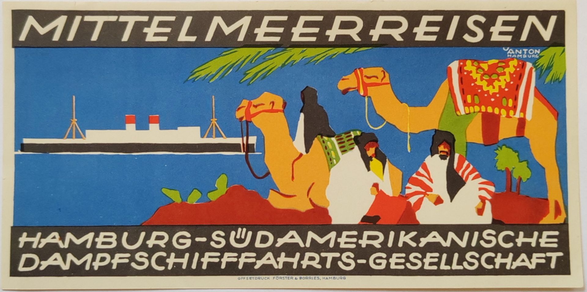antiker Kofferaufkleber "Mittelmeer Reisen" Hamburg - Südamerikanische Dampfschifffahrts-