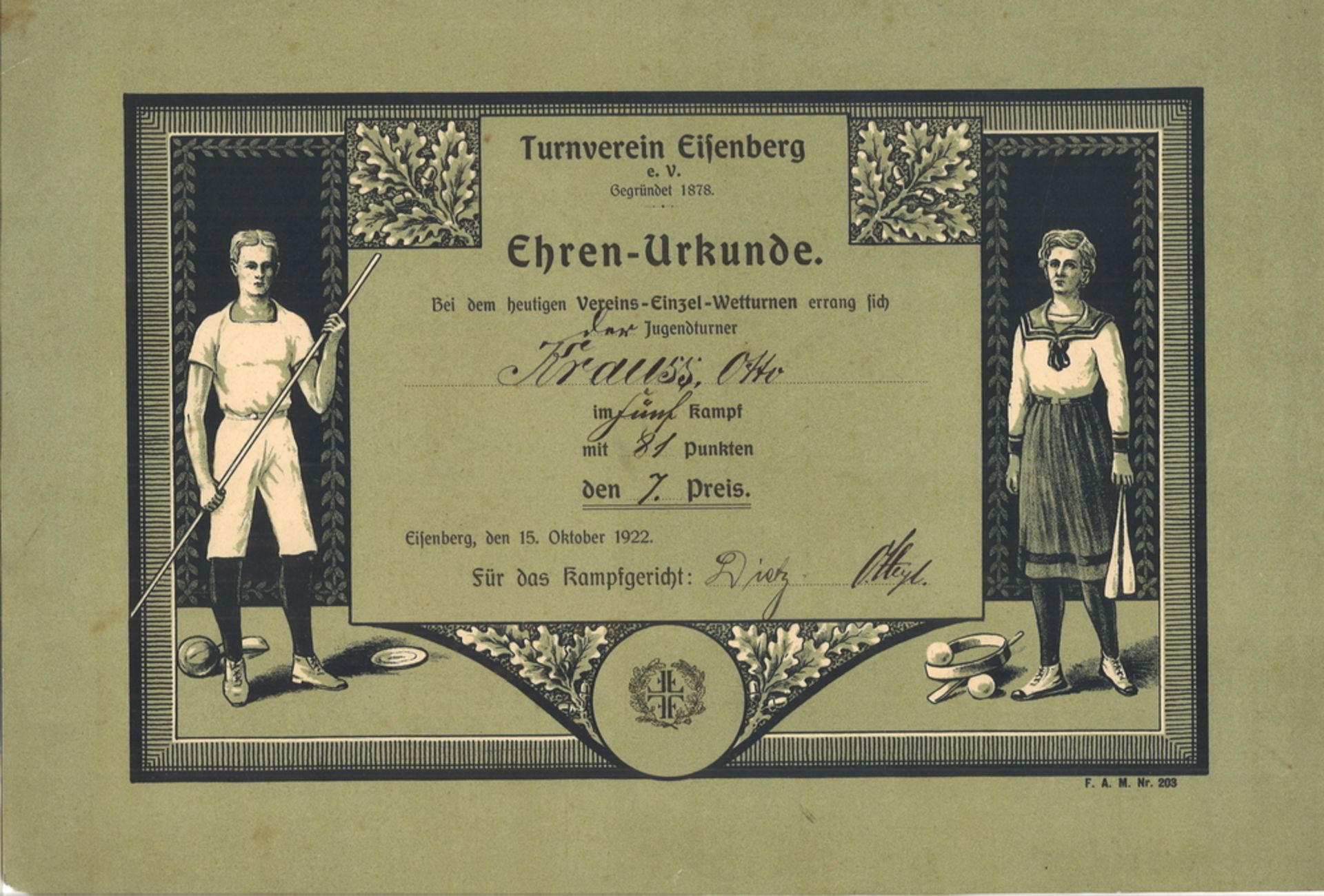 Ehren - Urkunde. Turnverein Eisenberg e.V. Gegründet 1878. Vereins-Einzel-Wetturnen / Jugendturnen