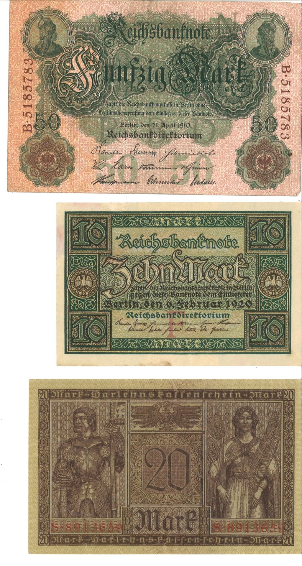 Lot von 3 Reichsbanknoten, 1x "Zehn Mark", 1x 20 Mark", 1x "Fünfzig Mark". Erhaltung: vz - s