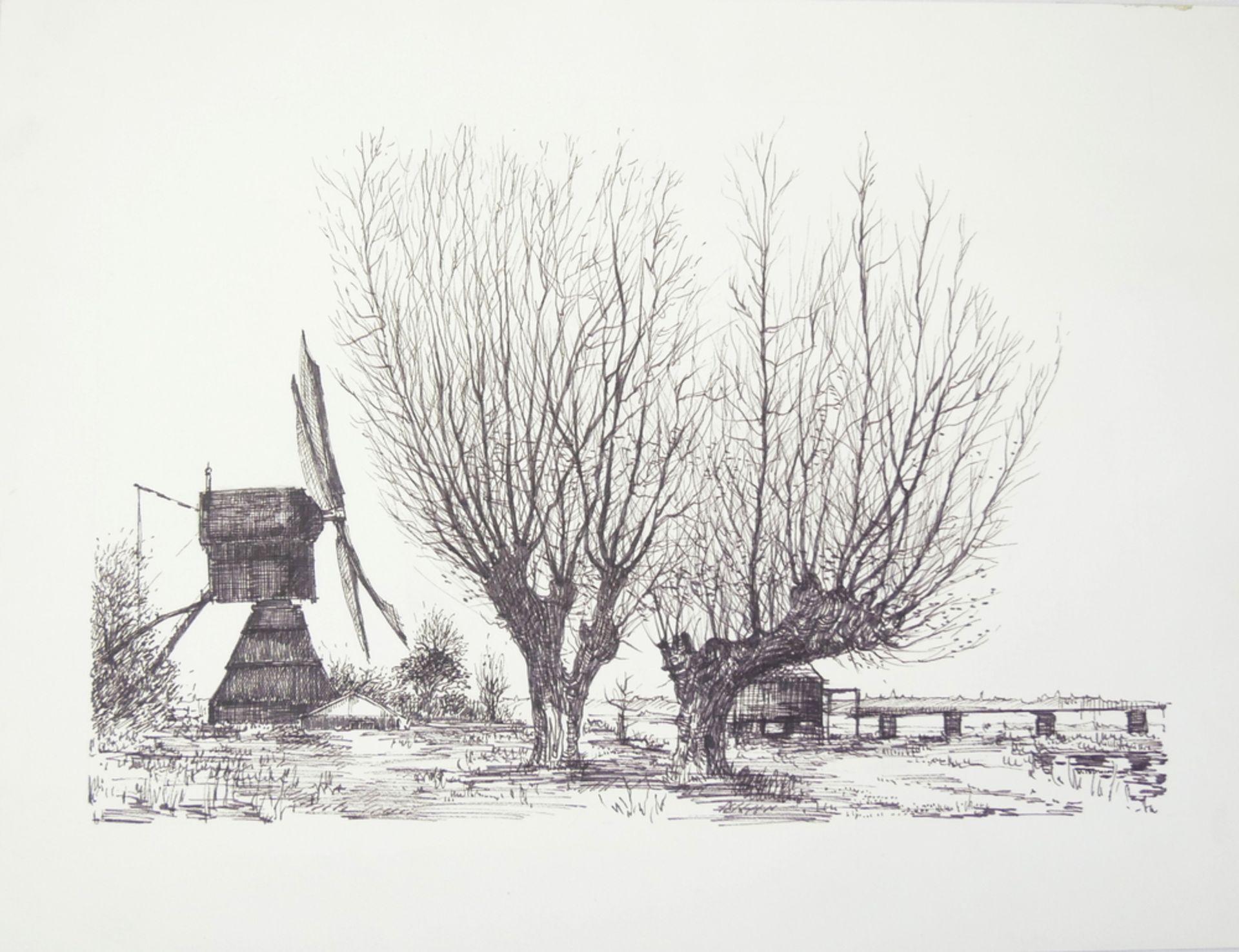 Offset-Lithografie "Windmühle", Maße: Breite ca.48 cm und Höhe ca. 36 cm, unsigniert