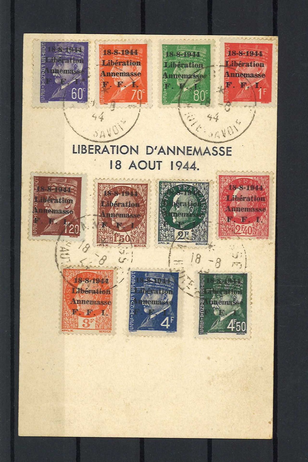 Frankreich 1944 Liberation 11 Briefmarken - Serie auf Postkarte "General de Gaulle" 18. August 1944,