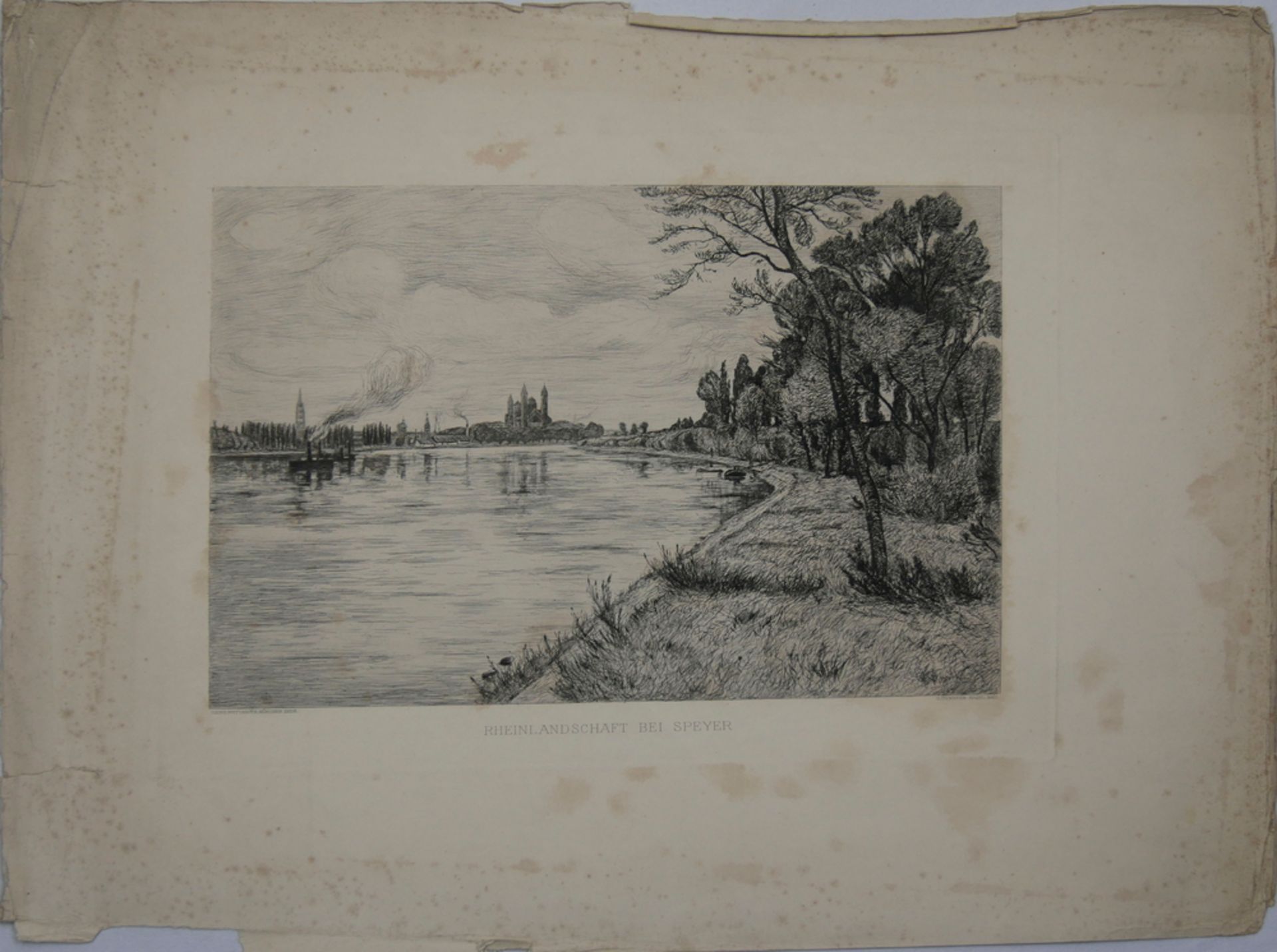 Radierung C. TH. Meyer - Basel "Rheinlandschaft bei Speyer" gedruckt von Heinrich Wetteroth,