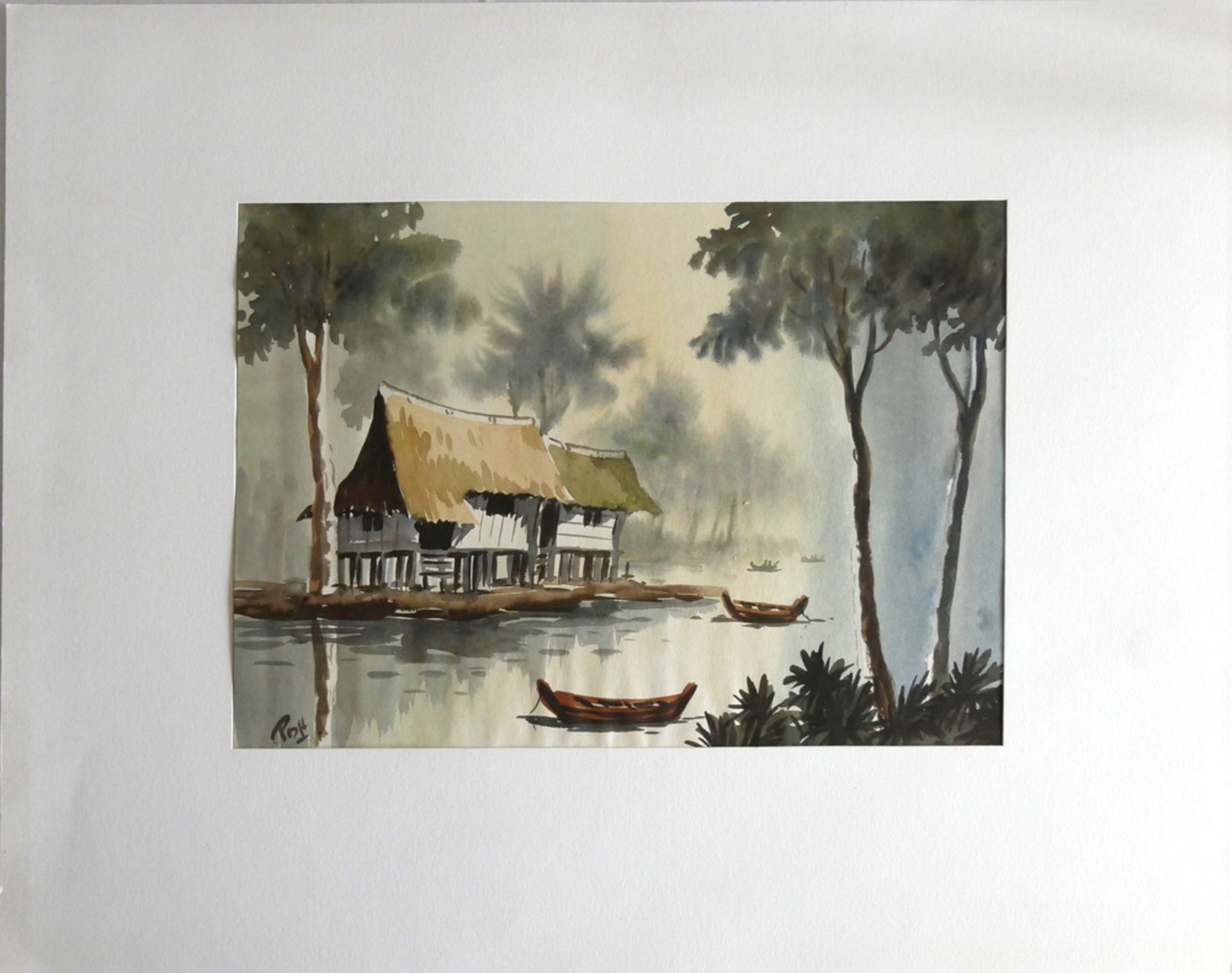 Aquarell "Chinesische Landschaft", links unten unleserliche Signatur, Maße: Breite ca. 37 cm und