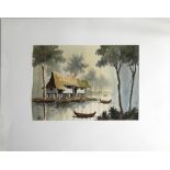 Aquarell "Chinesische Landschaft", links unten unleserliche Signatur, Maße: Breite ca. 37 cm und