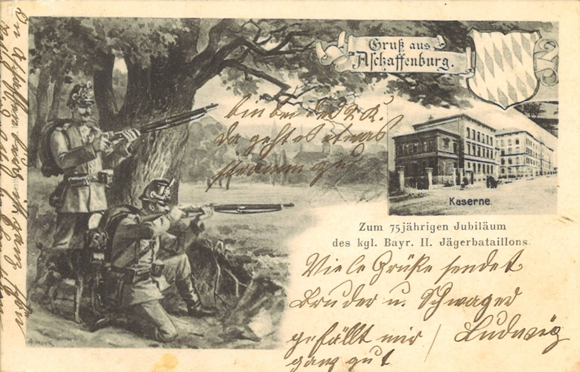 Postkarte "Gruß aus Aschaffenburg", zum 75-jährigen Jubiläum des kgl. bayr. II. Jägerbataillons