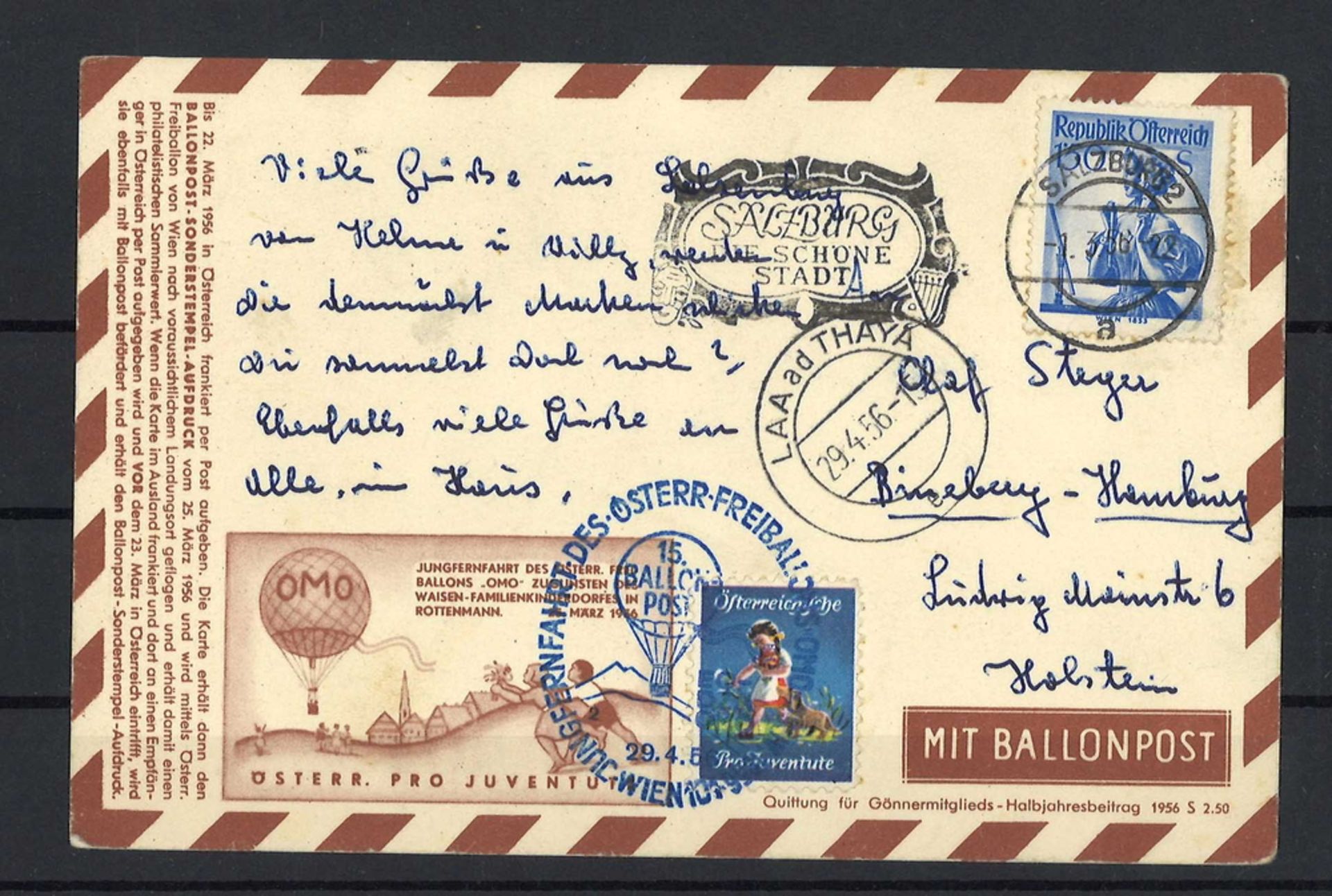 Postkarte Österreich Ballonfahrt 1956, gelaufen