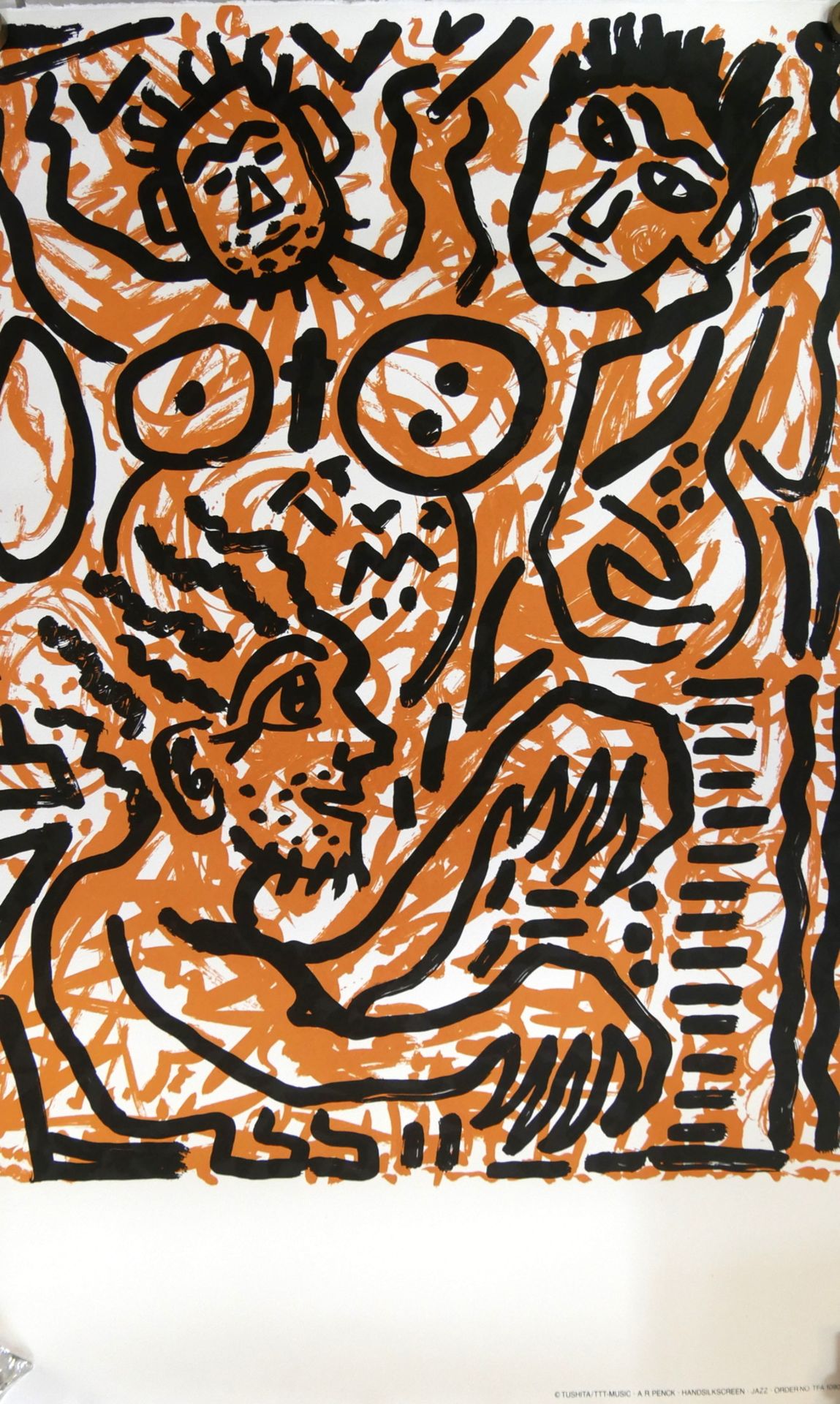 Farblithografie, abstrakte Gesichter in Orange/Schwarz, Tushita - TTT Music, A.R. Penck,