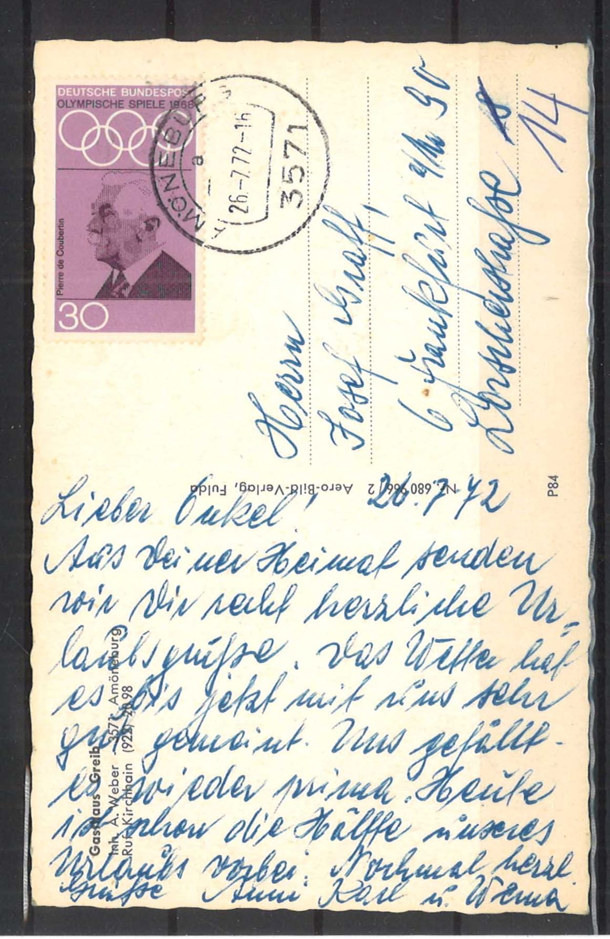 Postkarte Gasthaus Greib - Amöneburg, gelaufen