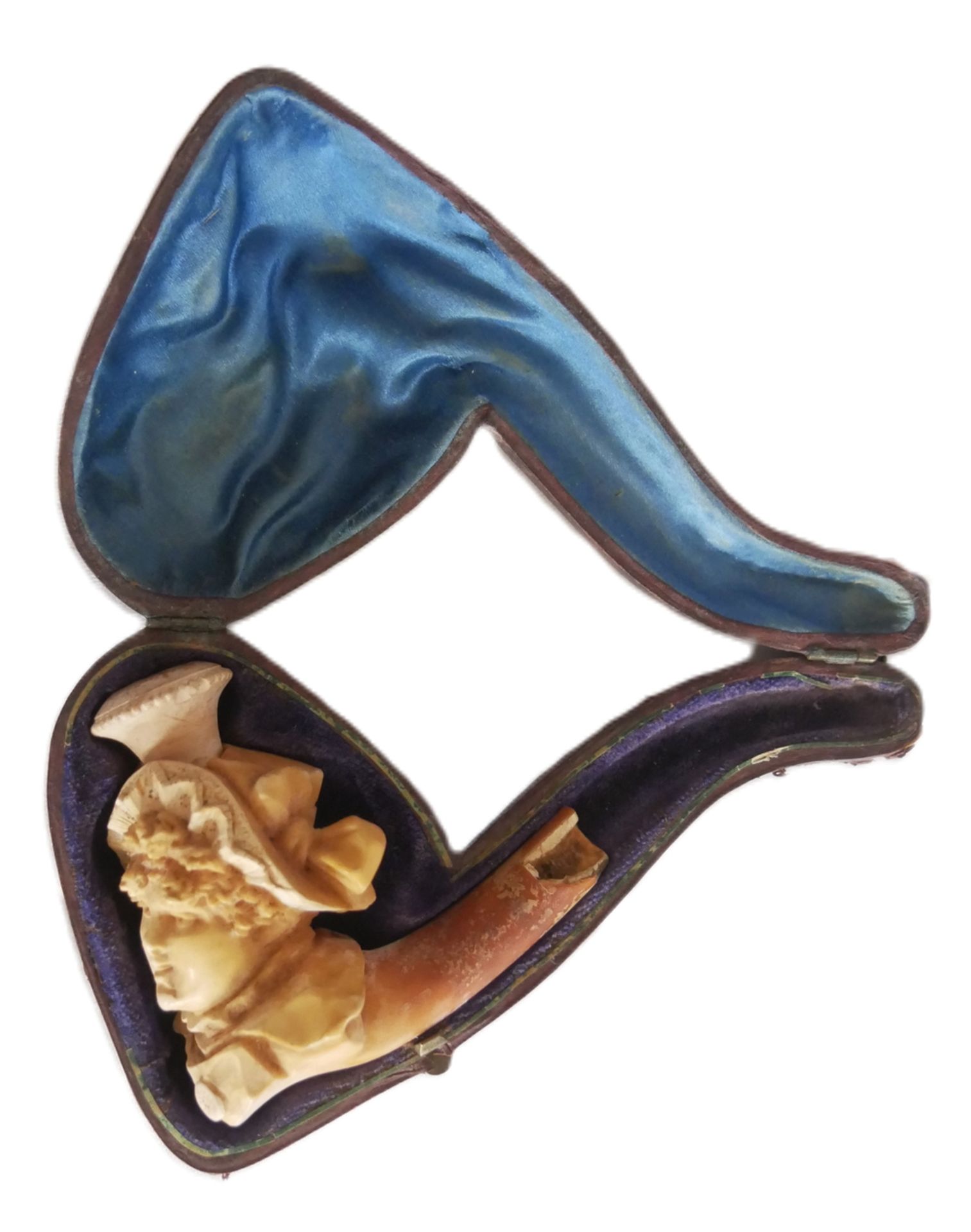 antike Meerschaumpfeife (gebrochen) mit geschnitzter Dame ohne Mundstück im Etui.