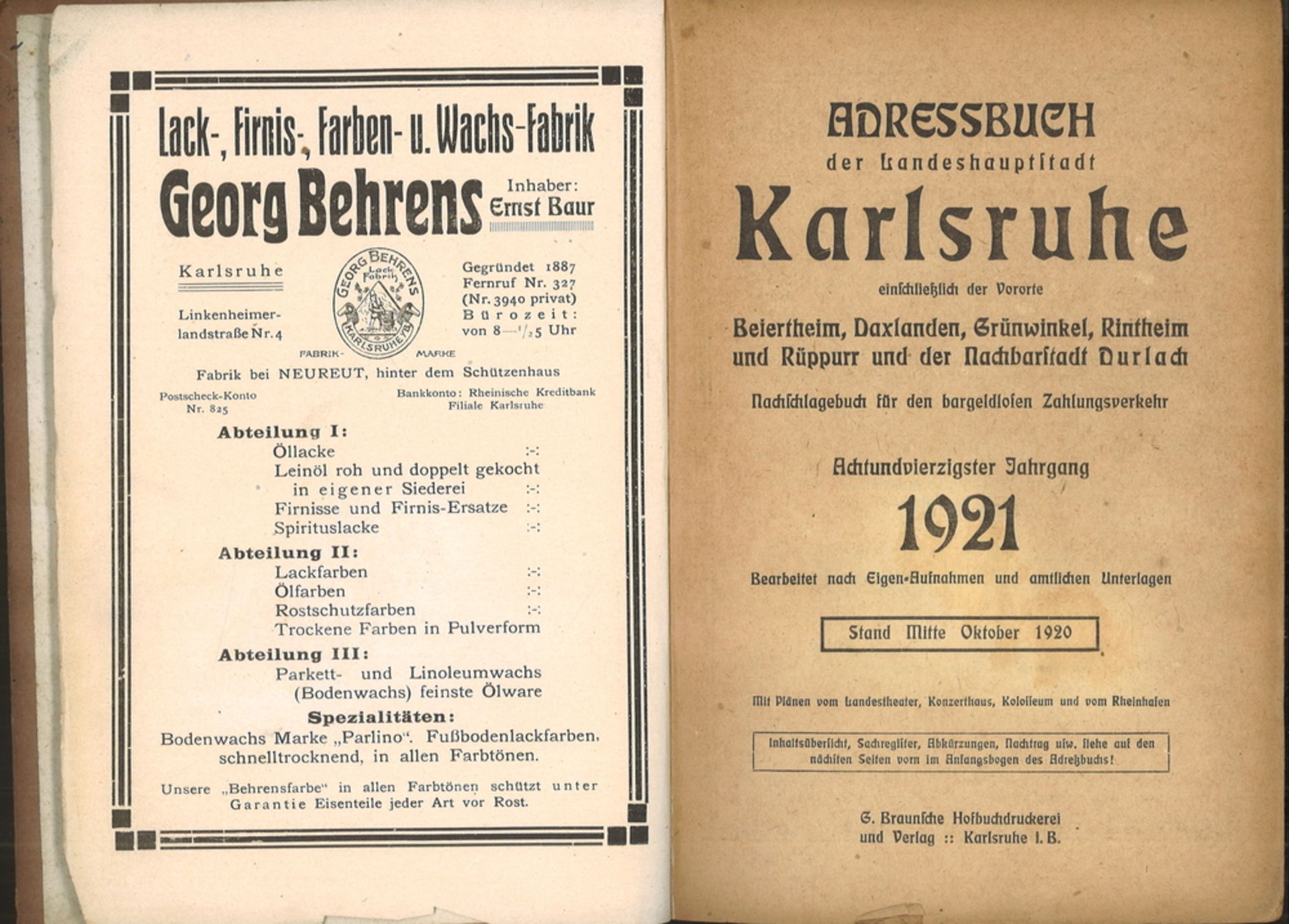 Adressbuch für die Landeshauptstadt Karlsruhe 1921. Einschließlich der Vororte Beiertheim,