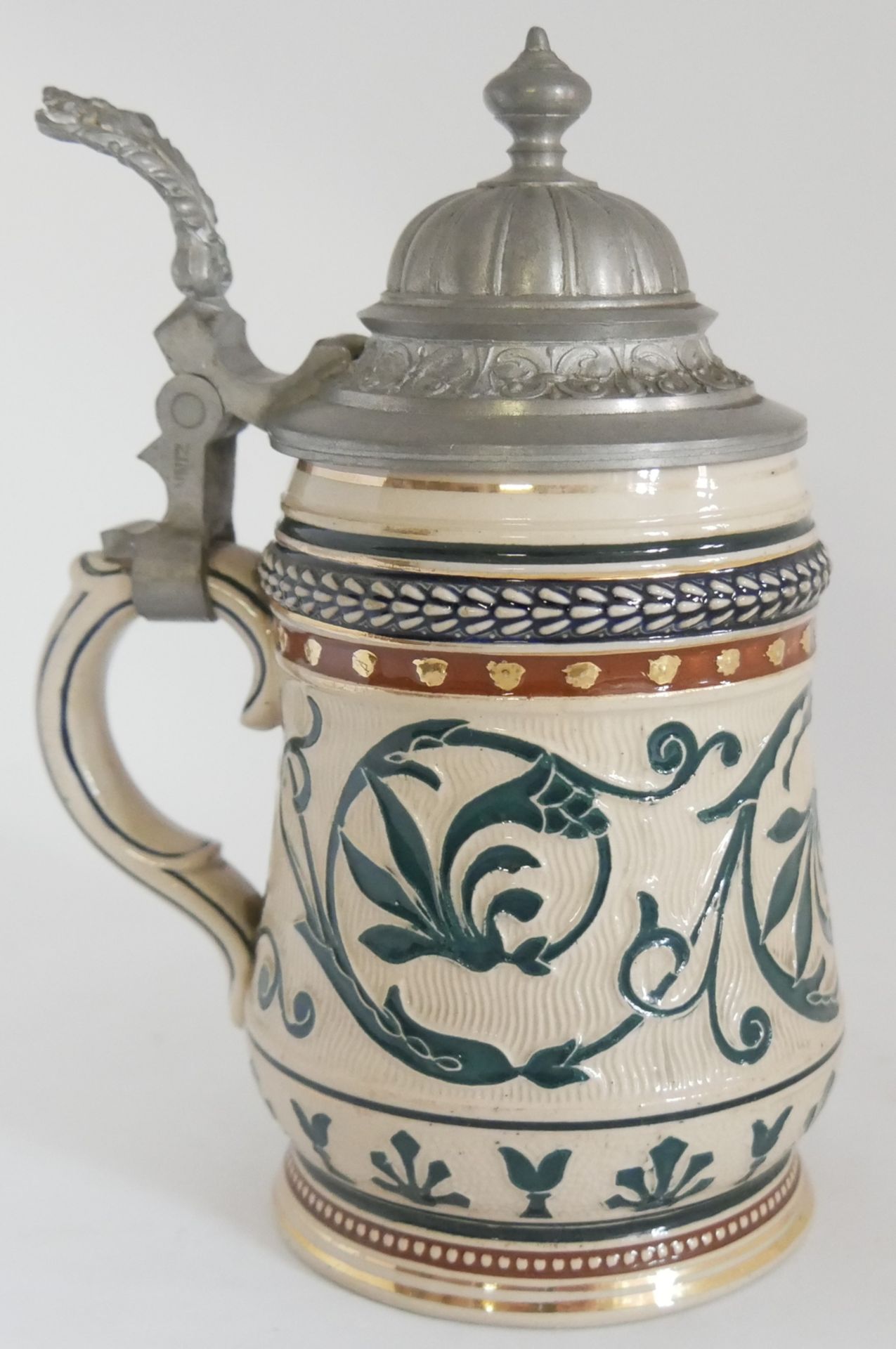 Keramik Bierkrug mit Zinndaumendrücker, Reinhold Merkelbach. Formnr. 367C. 0,4 l Eichstrich. Am
