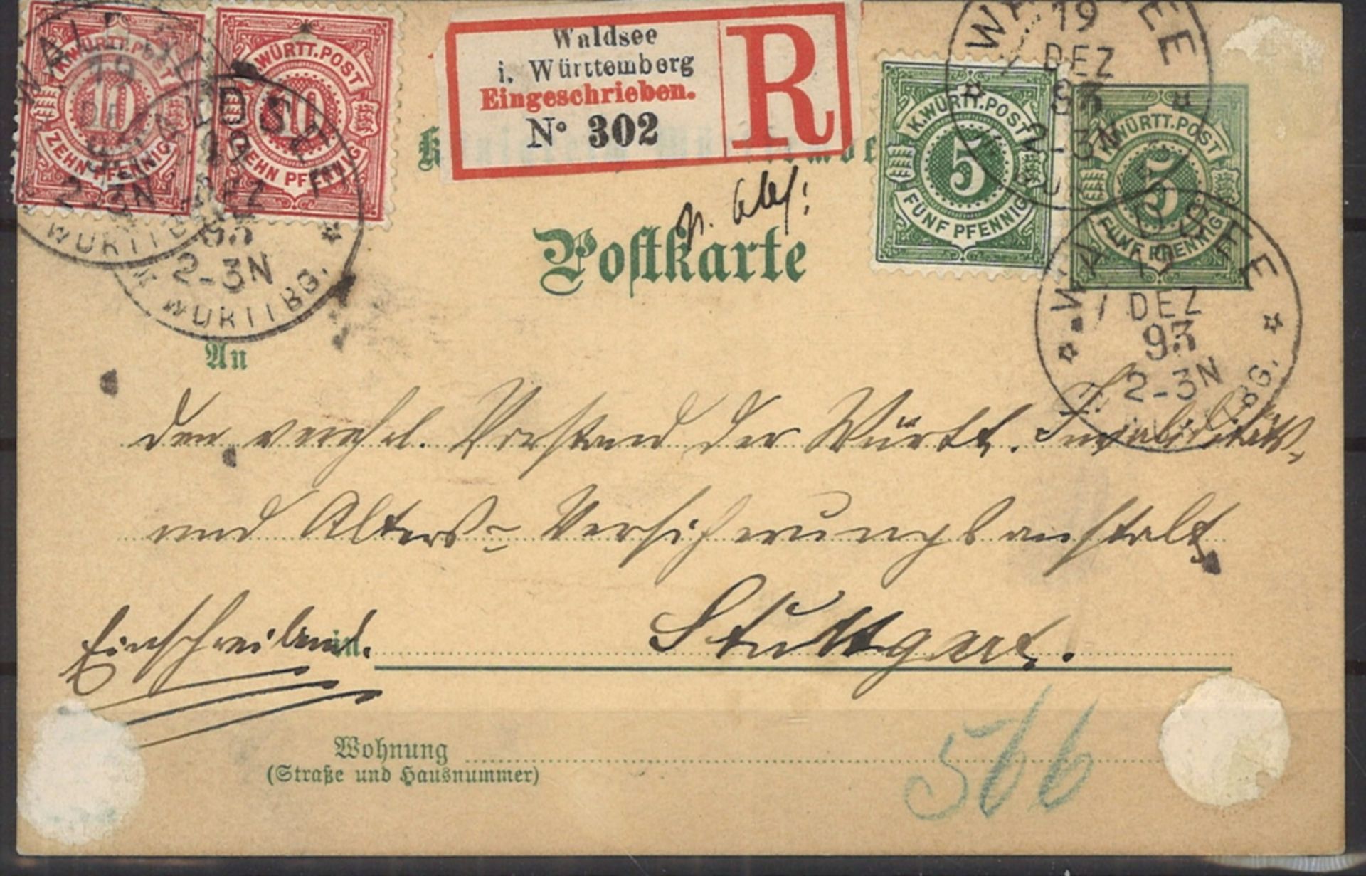 schöne Postkarte Einschreiben Württemberg Altdeutschland.