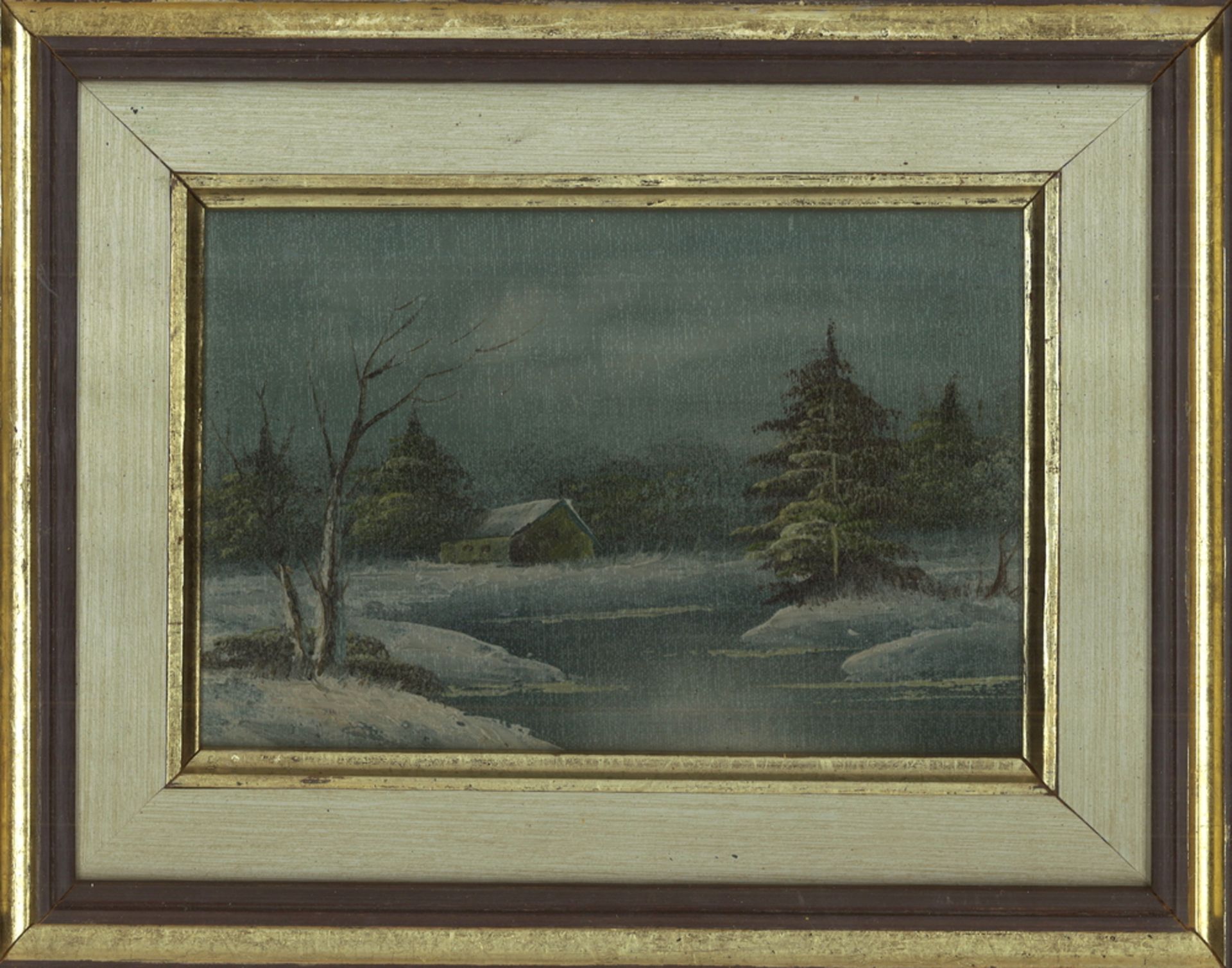 Unbekannter Künstler. Ölgemälde auf Holzplatte "Winterlandschaft" Gesamtmaße: Höhe ca. 28 cm, Breite