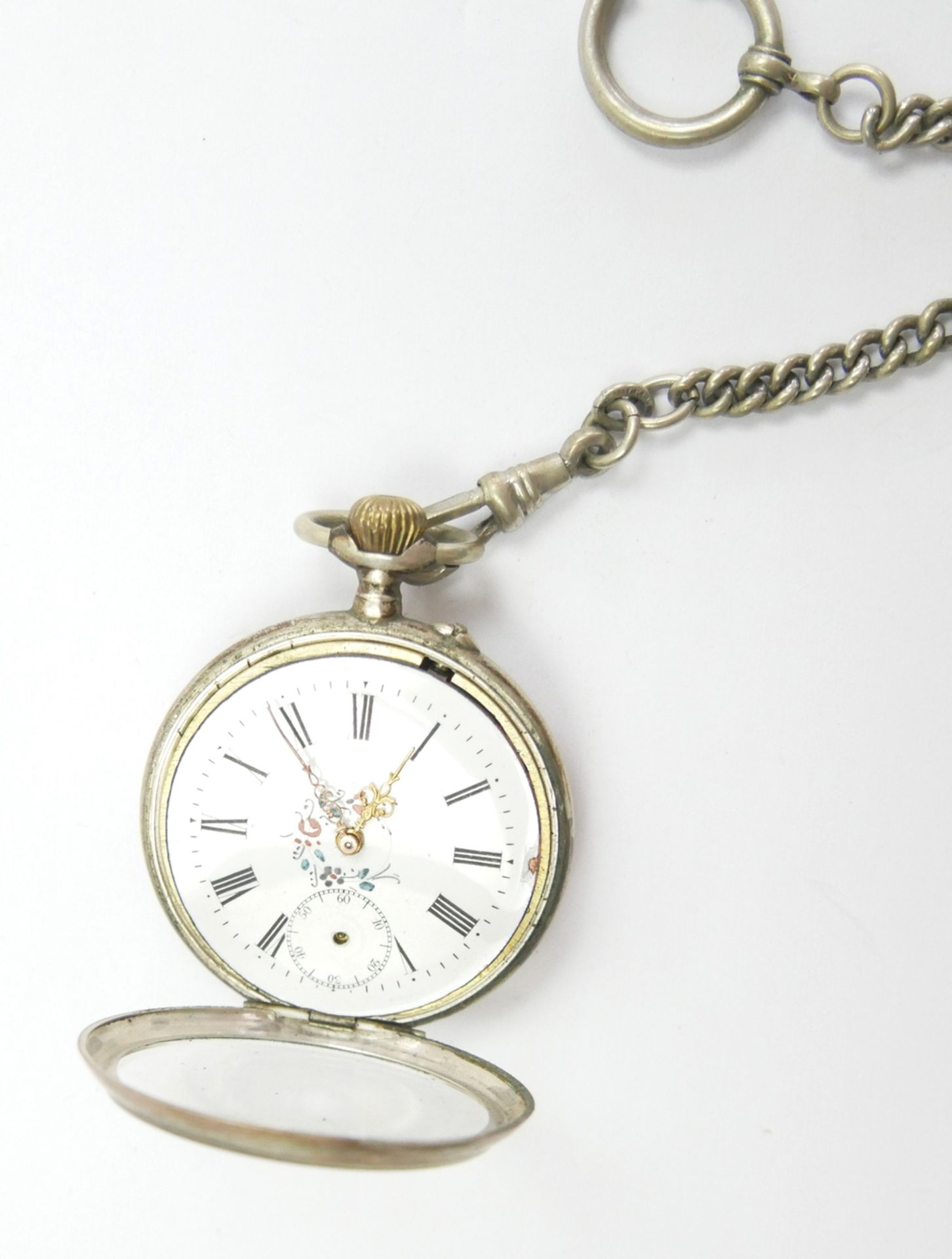 800er Silber Taschenuhr mit Kette, Funktion geprüft, Sekundenzeiger fehlt. - Image 2 of 2