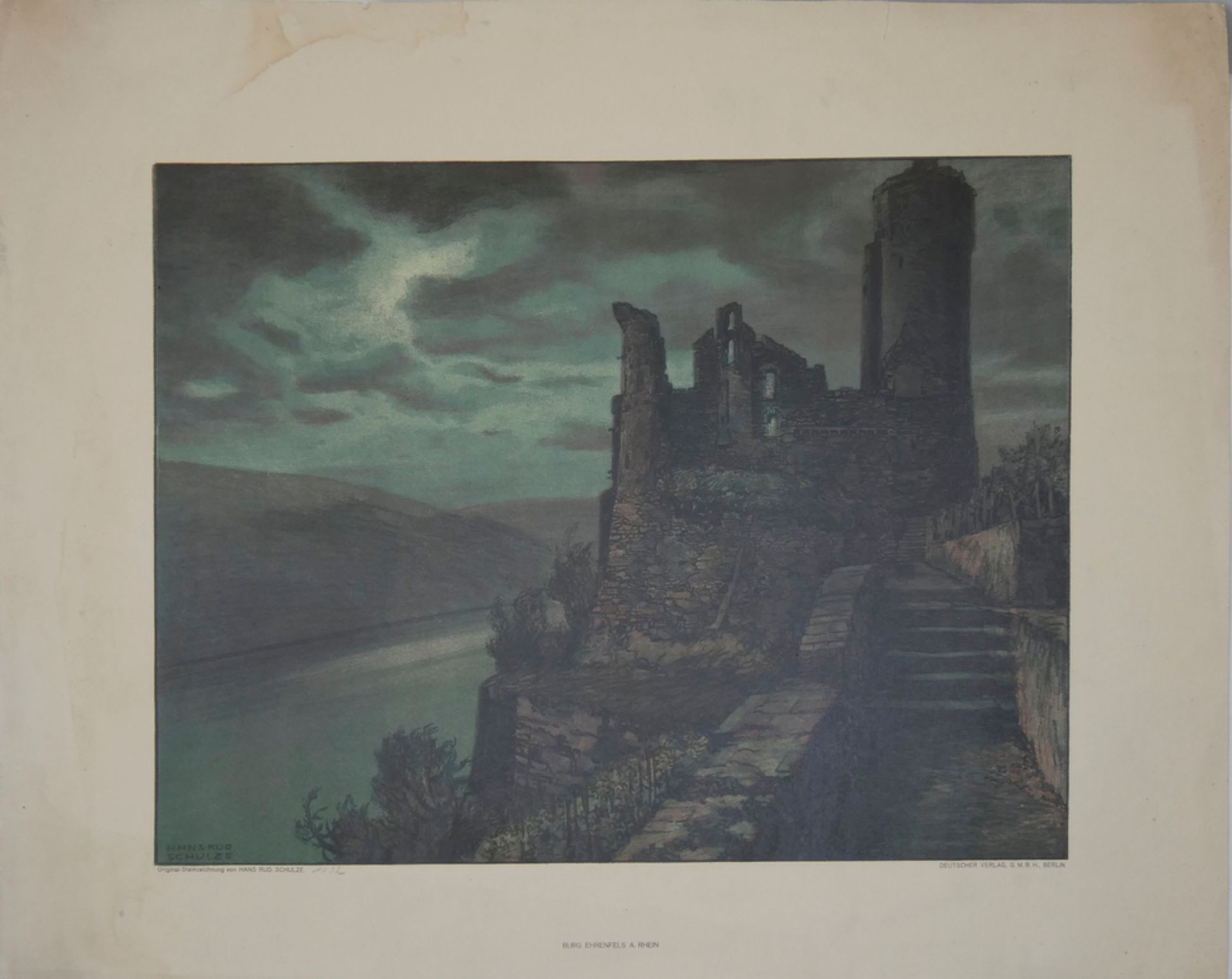 Druck der Original - Steinzeichnung von Hans Rud. Schulze "Burg Ehrenfels A. Rhein" Deutscher