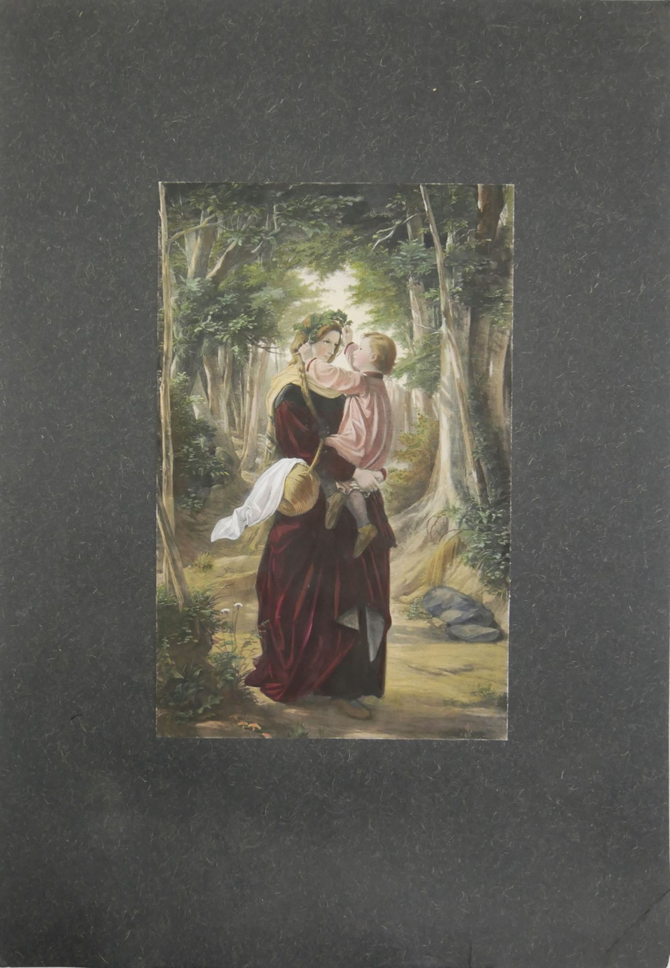 Druck nach dem Gemälde von Leopold Bode (1831-1906) "Eine Mutter mit ihrem Kind". Gesamtmaße: Höhe