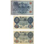 Lot von 3 Reichsbanknoten, dabei 2x "Zwanzig Mark" 1914, 1x Einhundert Mark" 1908. Erhaltung: s