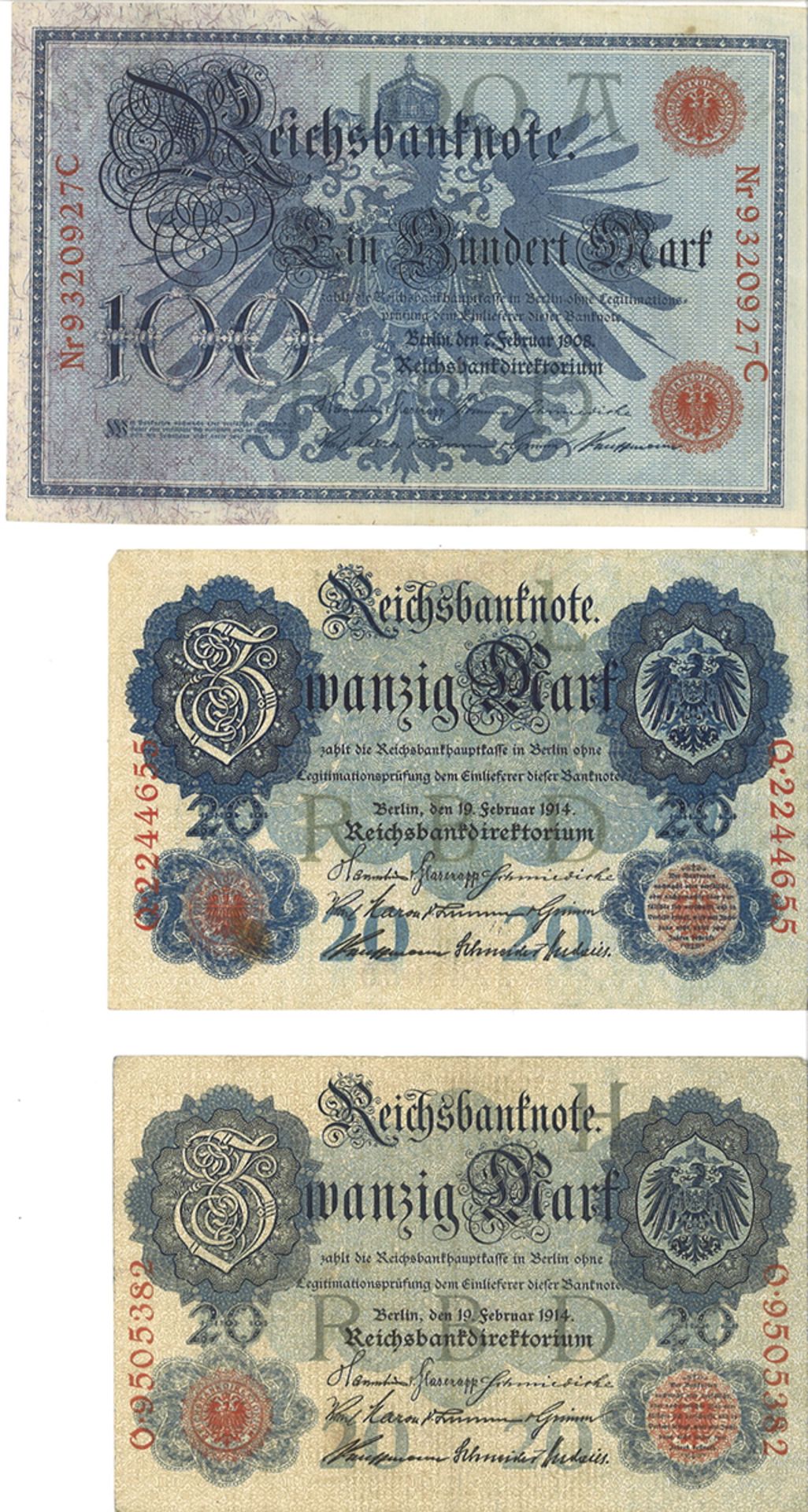 Lot von 3 Reichsbanknoten, dabei 2x "Zwanzig Mark" 1914, 1x Einhundert Mark" 1908. Erhaltung: s