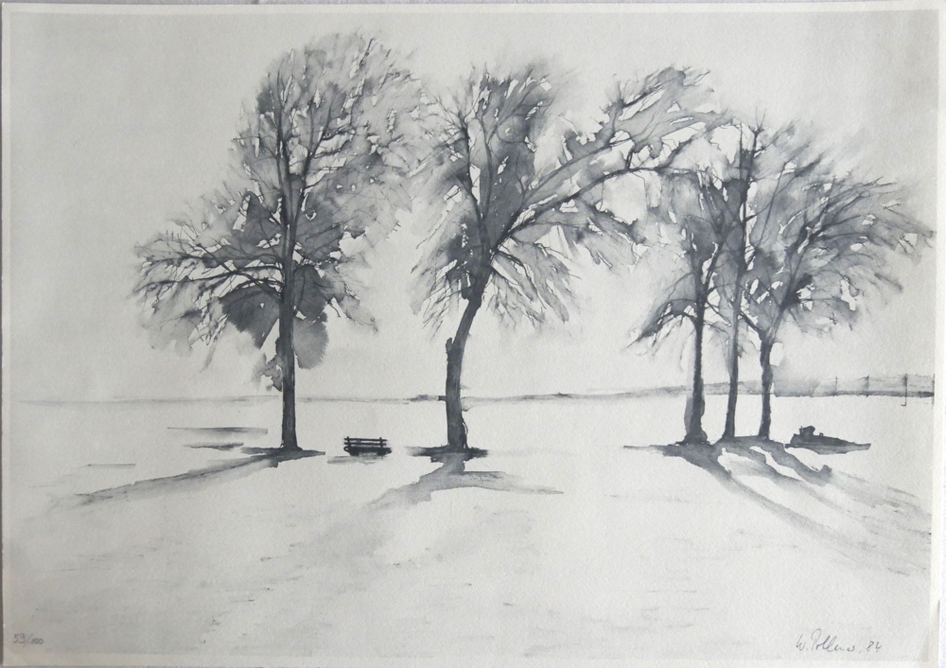 Lithografie, "Die Bank am See", 59/100, W. Pollmer, 1984, Maße: Breite ca. 47 cm und Höhe ca. 33,5