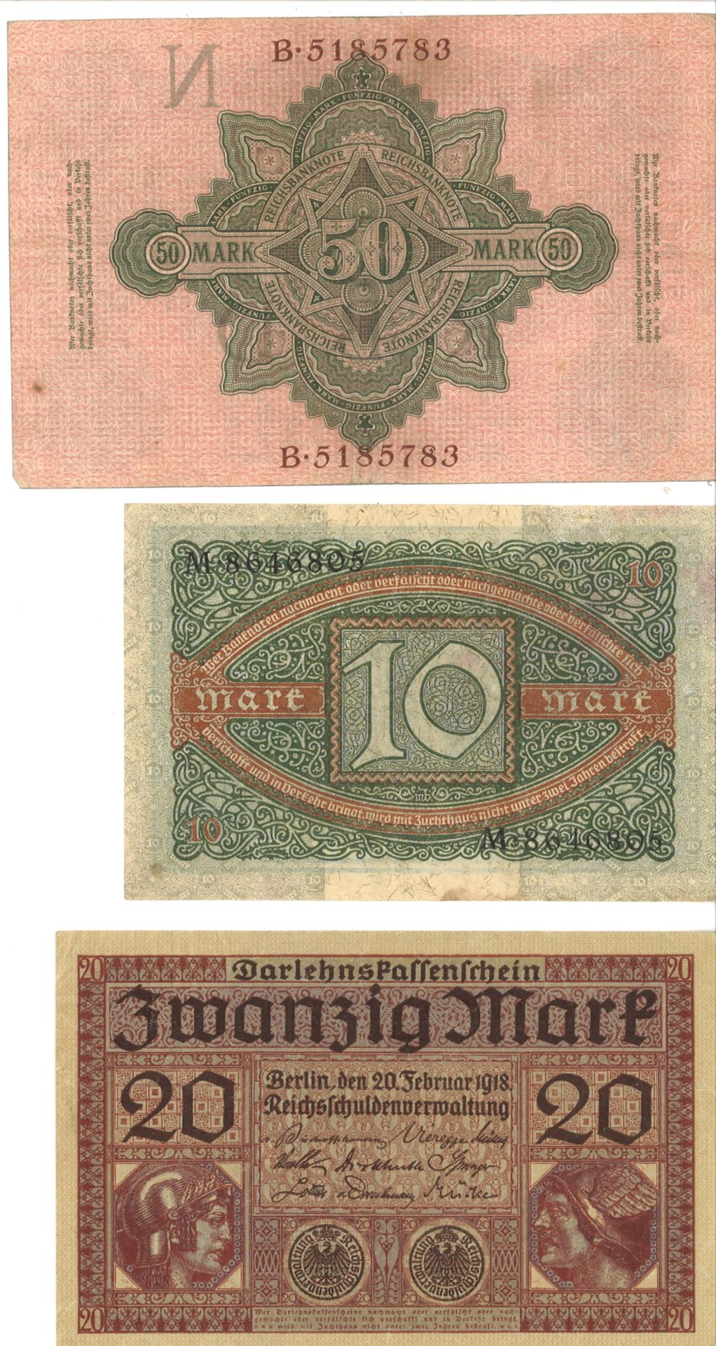 Lot von 3 Reichsbanknoten, 1x "Zehn Mark", 1x 20 Mark", 1x "Fünfzig Mark". Erhaltung: vz - s - Bild 2 aus 2