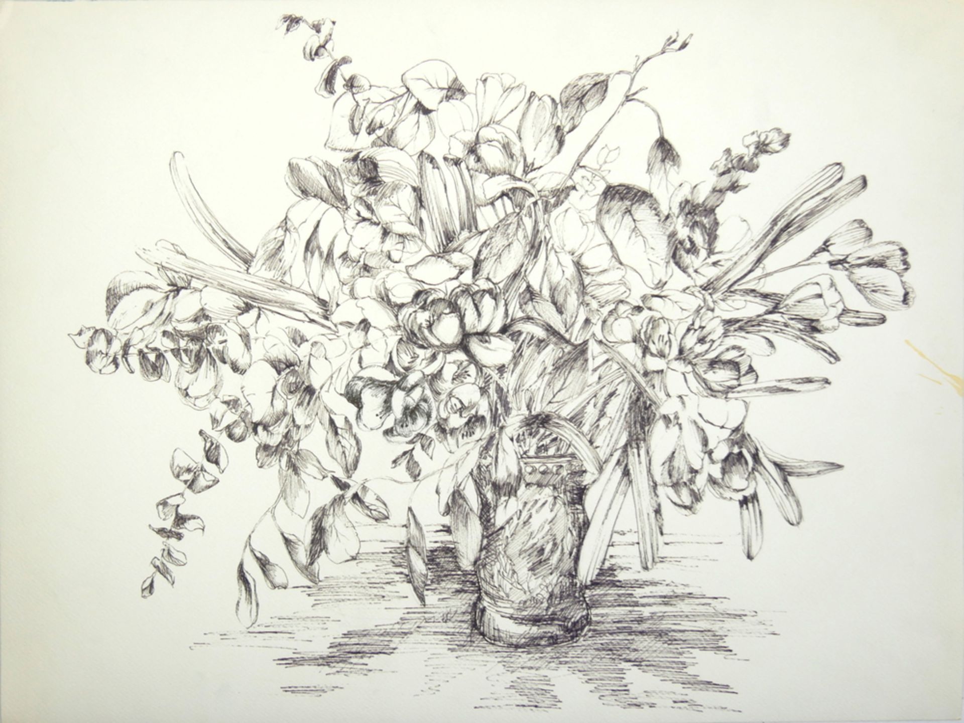 Tinte-Zeichnung, "Blumenstrauß in Keramikvase", Maße: Breite ca. 56 cm und Höhe ca. 42 cm, auf