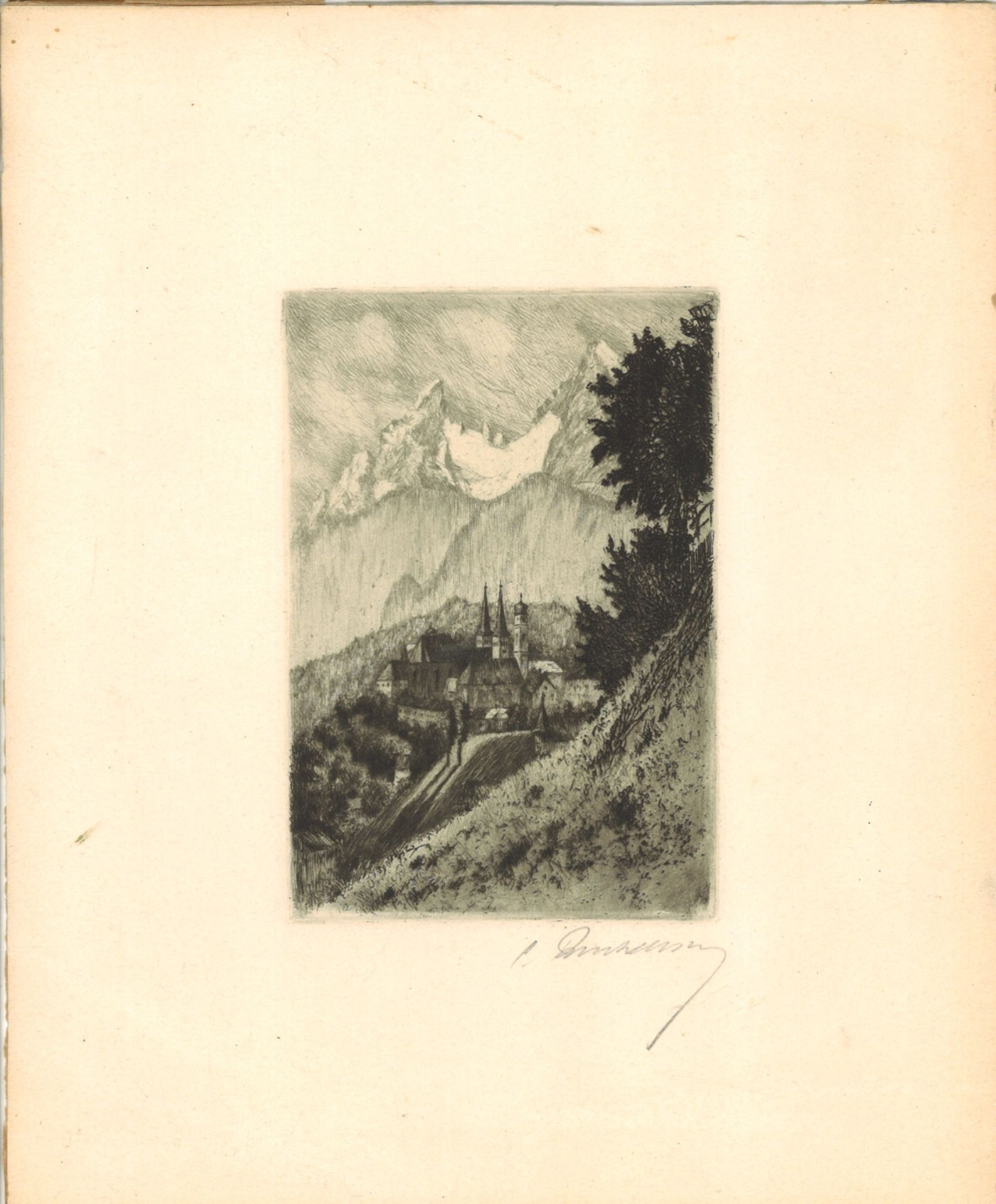 Lithografie "Dorf in den Bergen", unleserliche Signatur rechts unten, Maße: Breite ca. 23 cm und