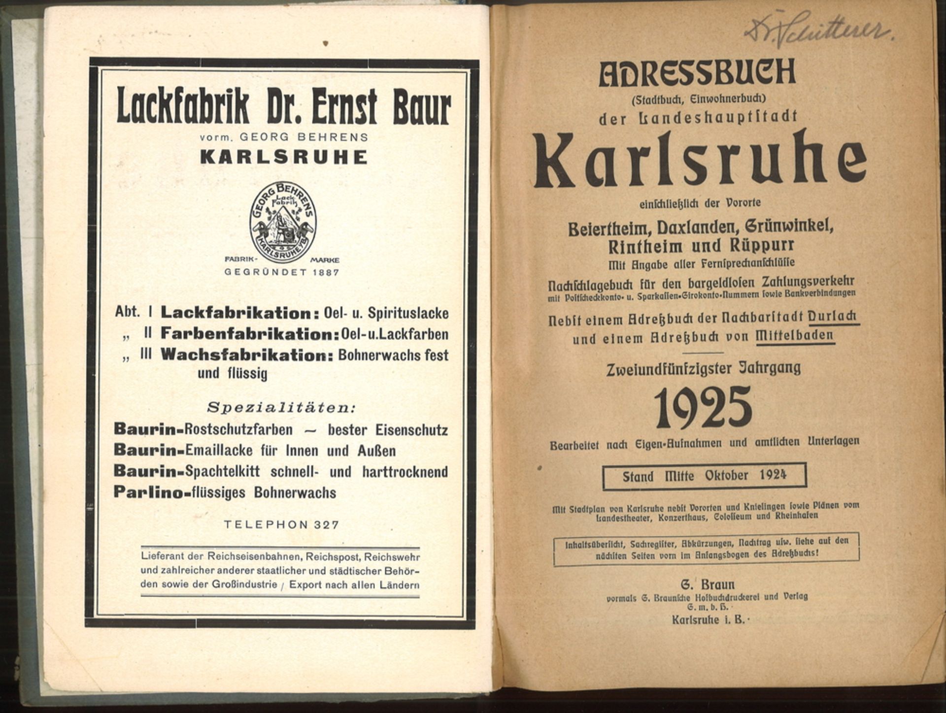 Adressbuch für die Landeshauptstadt Karlsruhe 1925. Stadtbuch, Einwohnerbuch einschließlich der