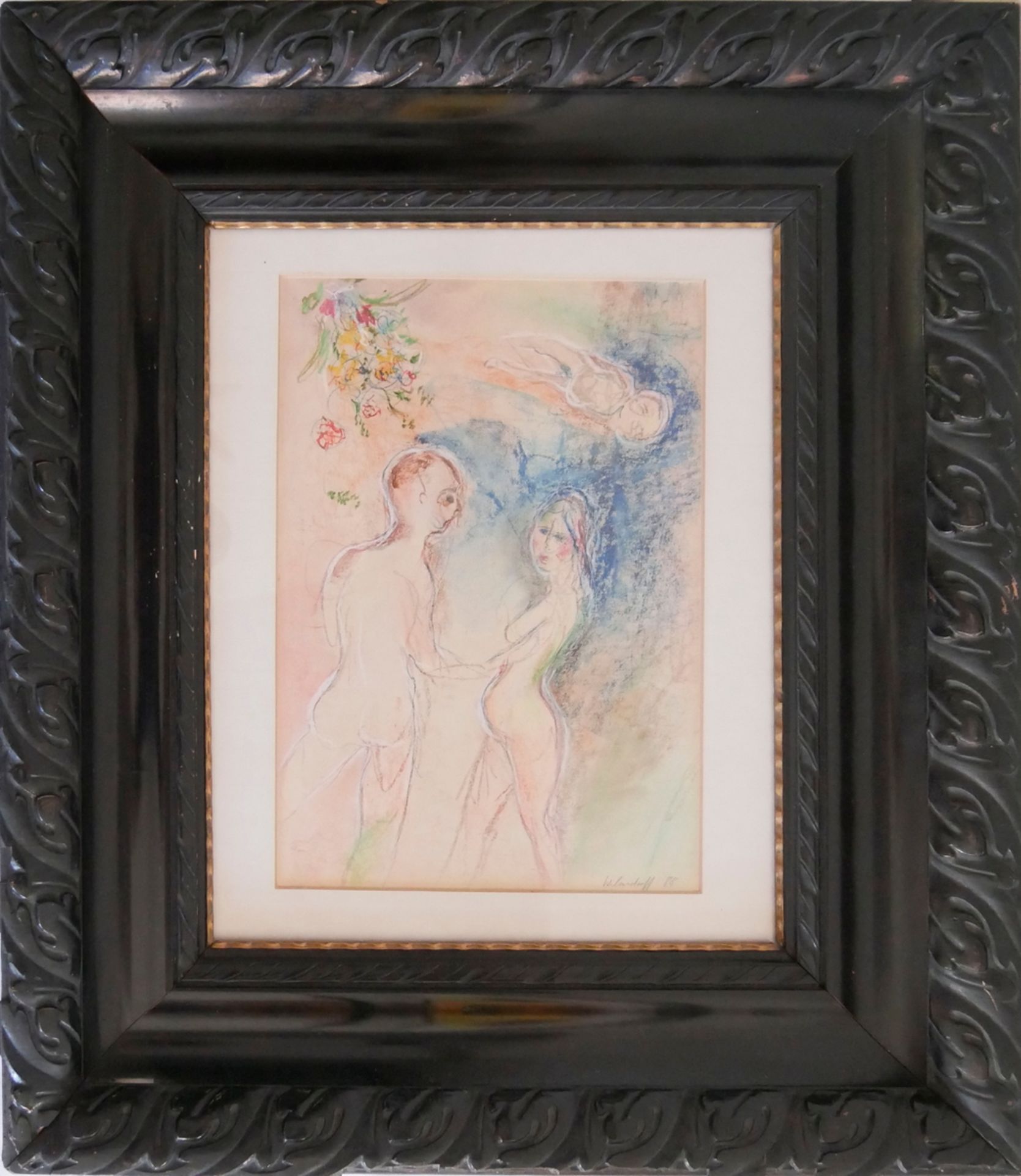 Farb-Zeichnung "Die Liebenden", nach Chagall-Art, Signatur unten rechts Wilmsdorff 88, hinter Glas