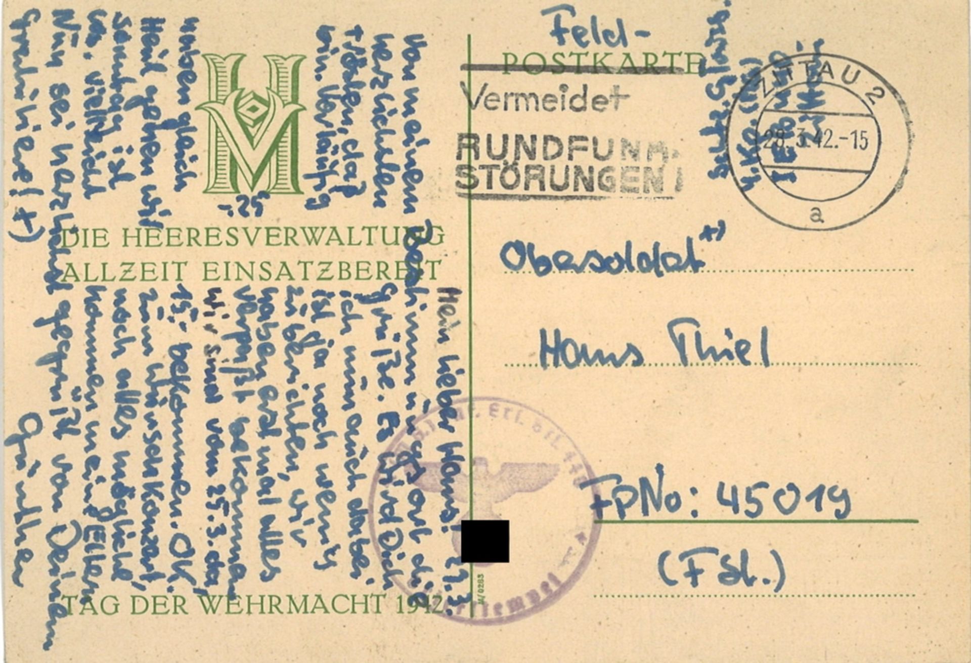 Feldpostkarte Die Heeresverwaltung allzeit Einsatzbereit. Tag der Wehrmacht 1942 "Die - Bild 2 aus 2